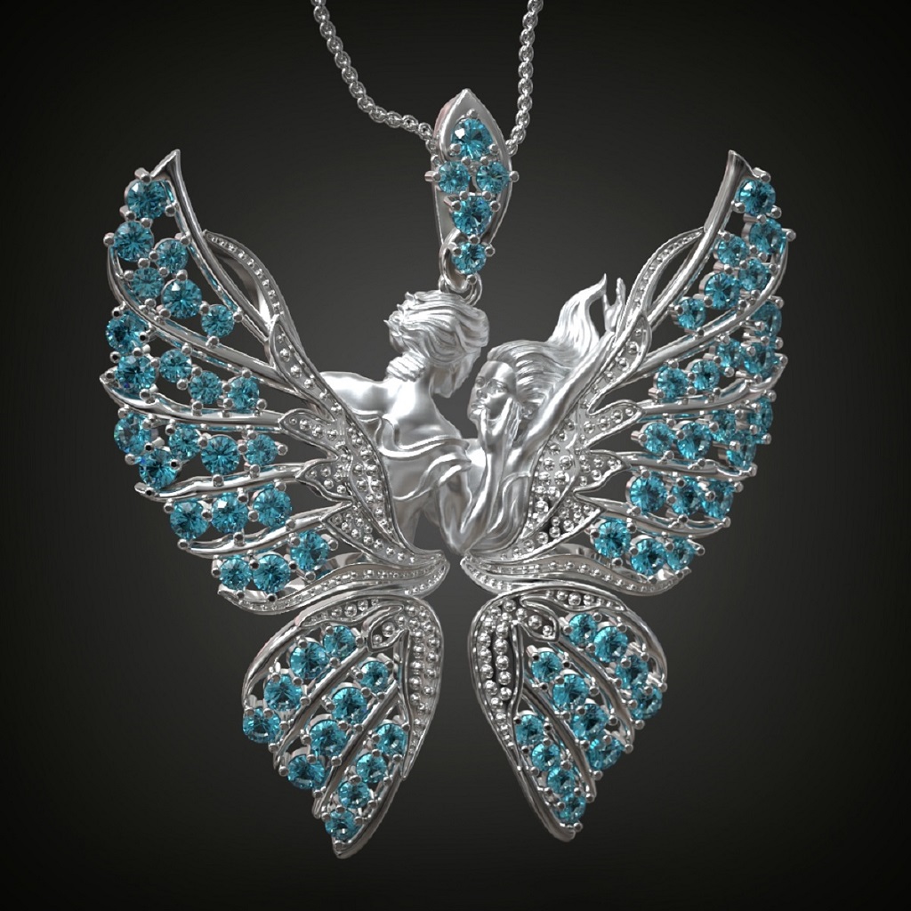 Romantic Lovers Kissing Butterfly Wing Pendant — view 2