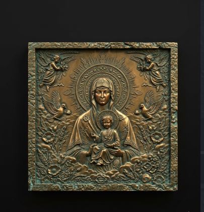 Ornate Madonna Child Religious Icon Panel