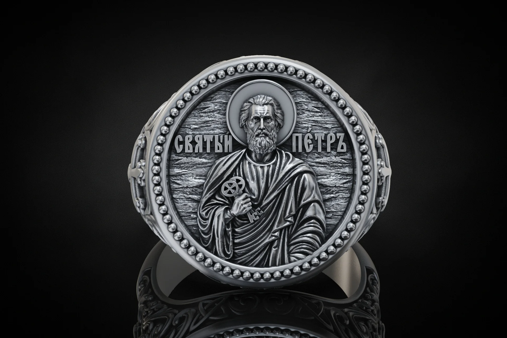Ornate Saint Peter Religious Signet Ring — view 3