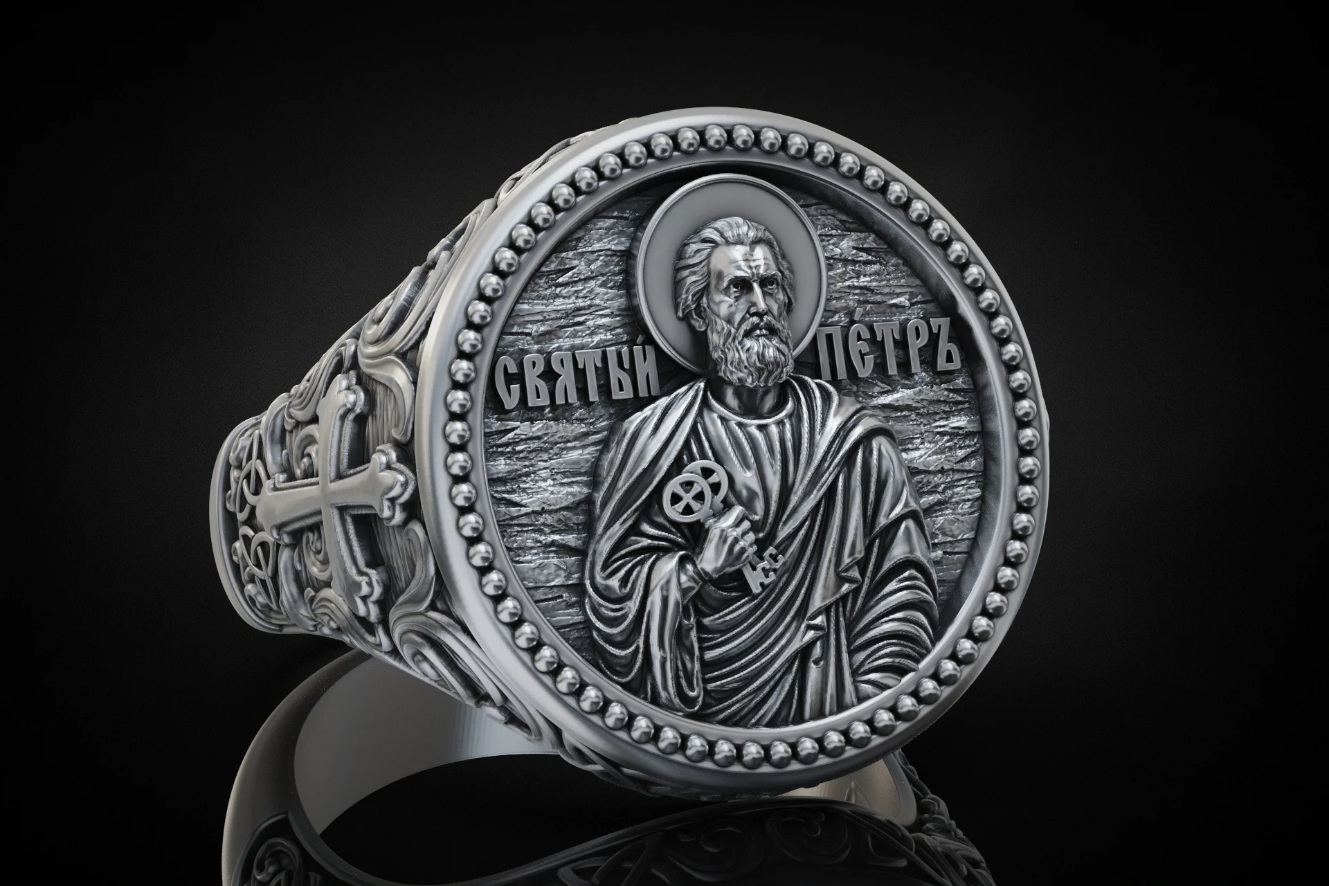 Ornate Saint Peter Religious Signet Ring