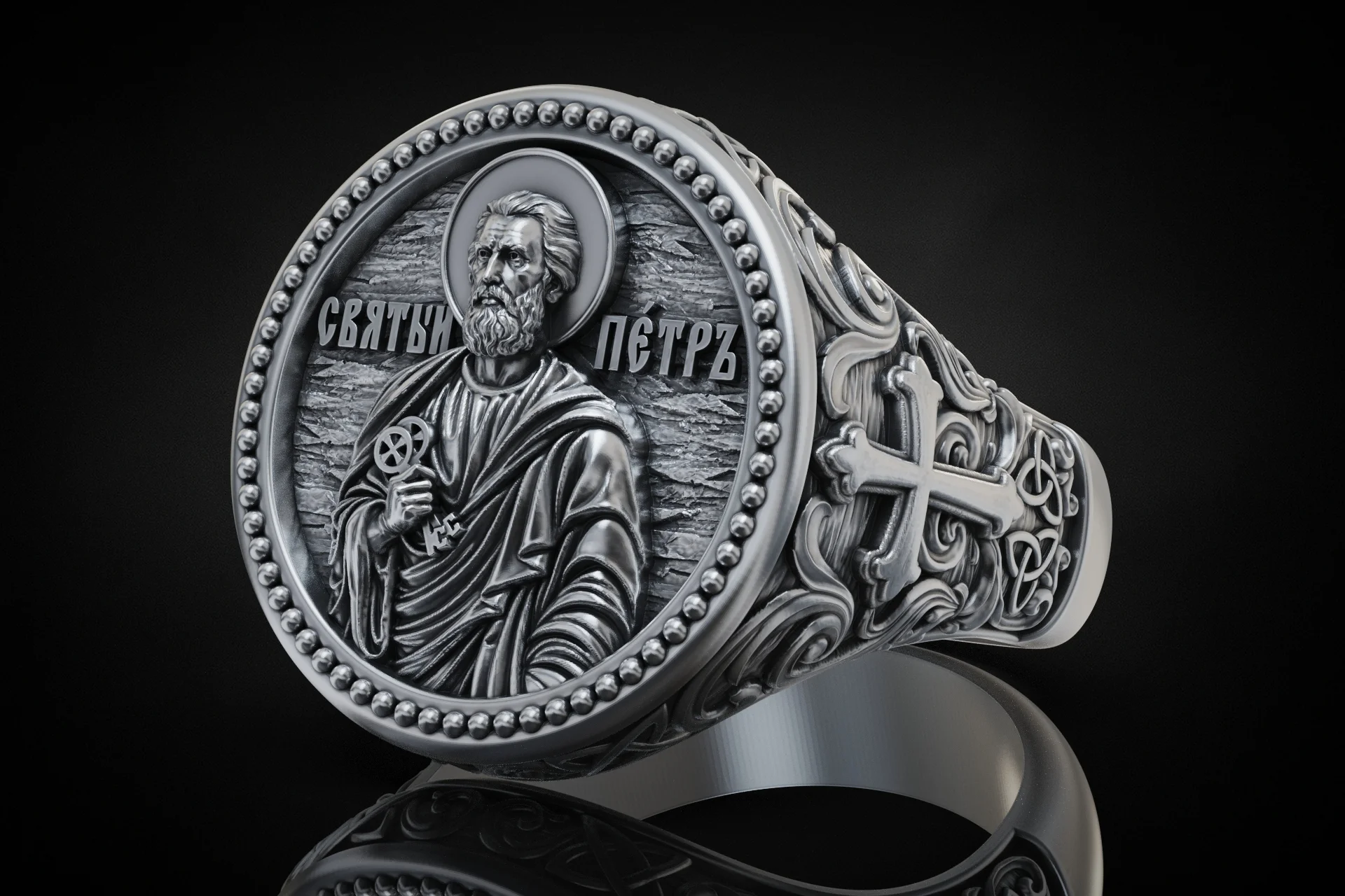 Ornate Saint Peter Religious Signet Ring — view 2