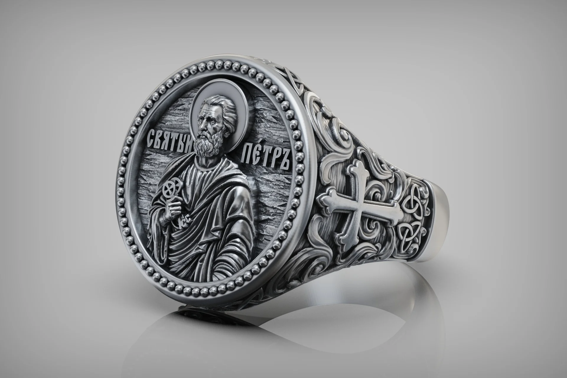 Ornate Saint Peter Religious Signet Ring — view 5