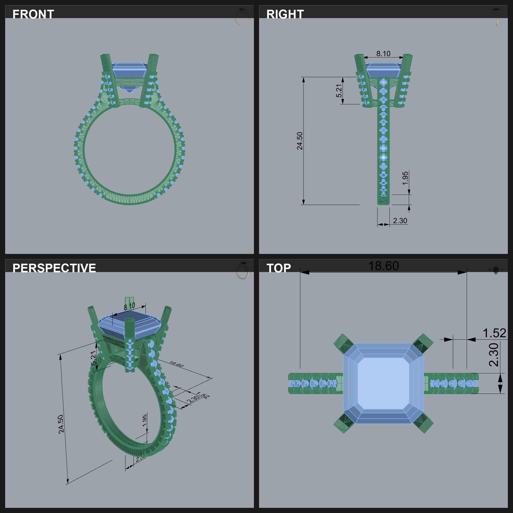 Emerald Square Solitaire Ring Pave Band — view 4