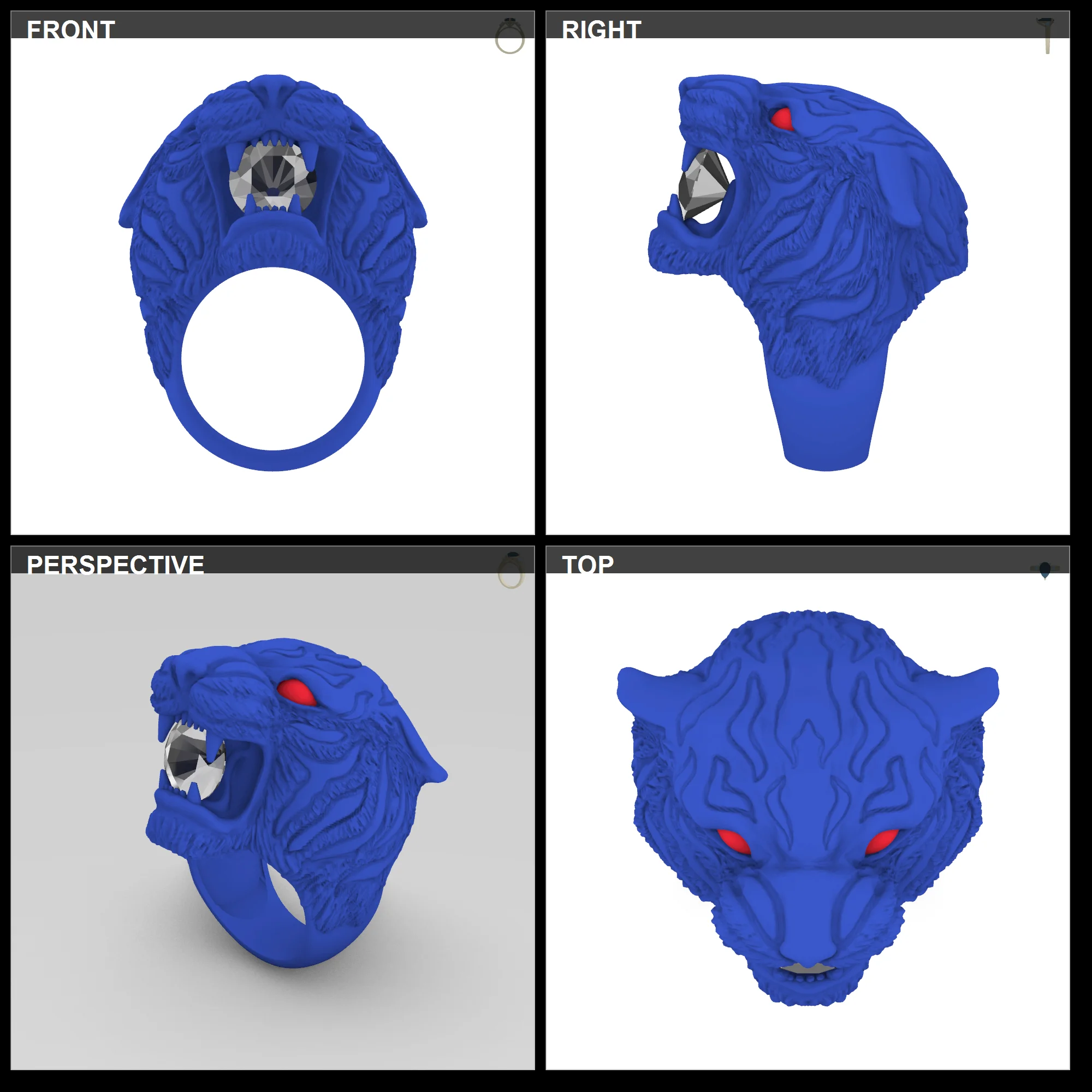Tiger Head Ring with Round Gem — view 3