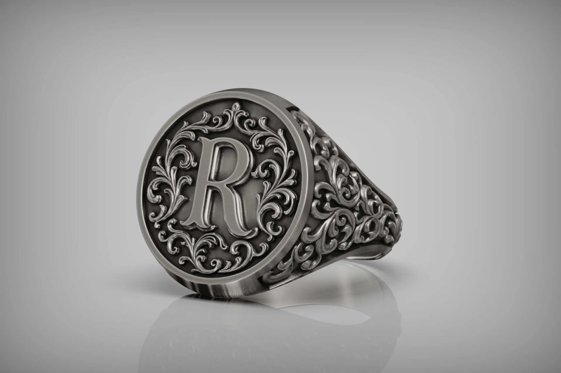 Ornate Baroque Letter R Initial Signet Ring — view 8