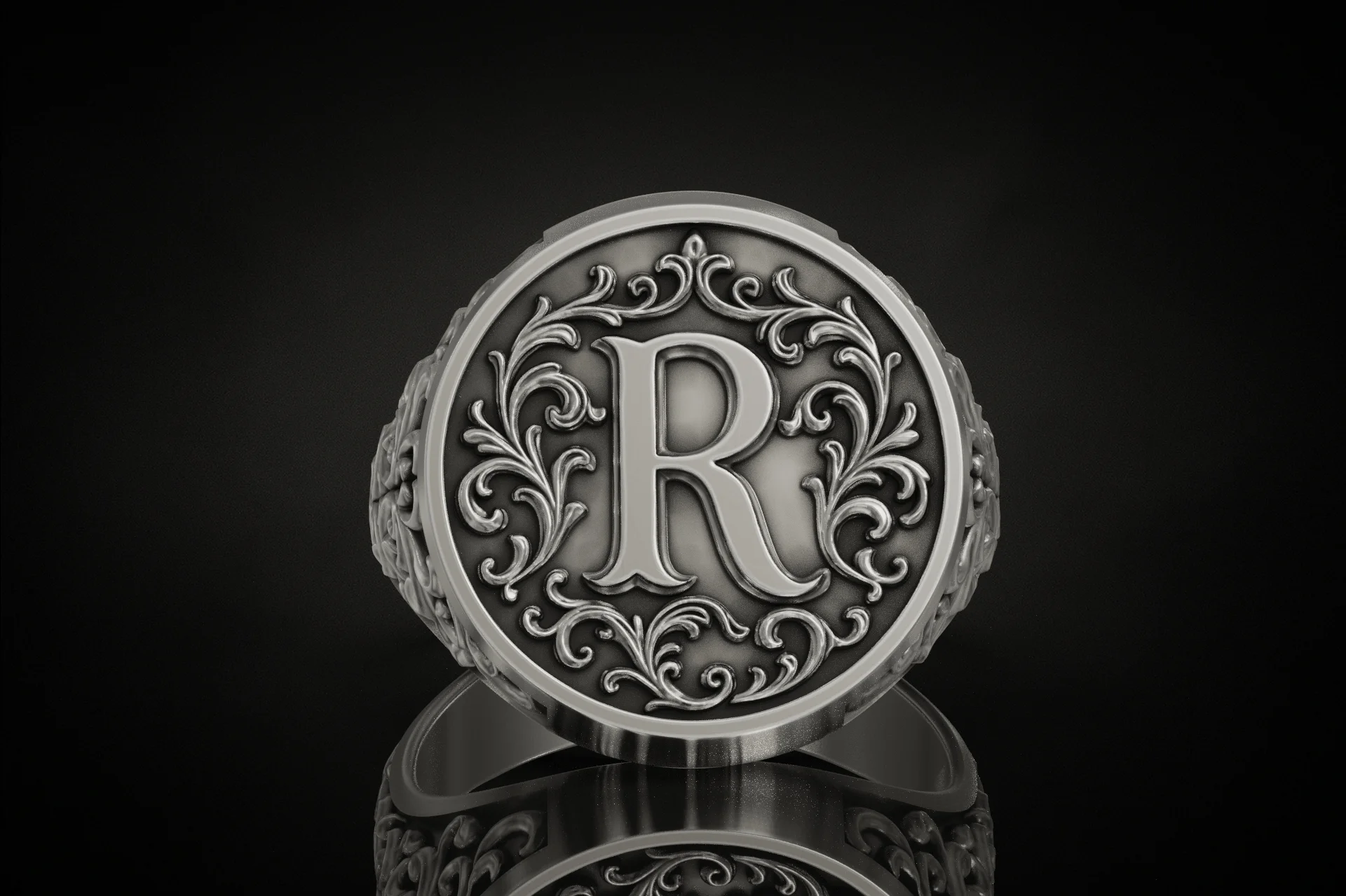 Ornate Baroque Letter R Initial Signet Ring — view 3