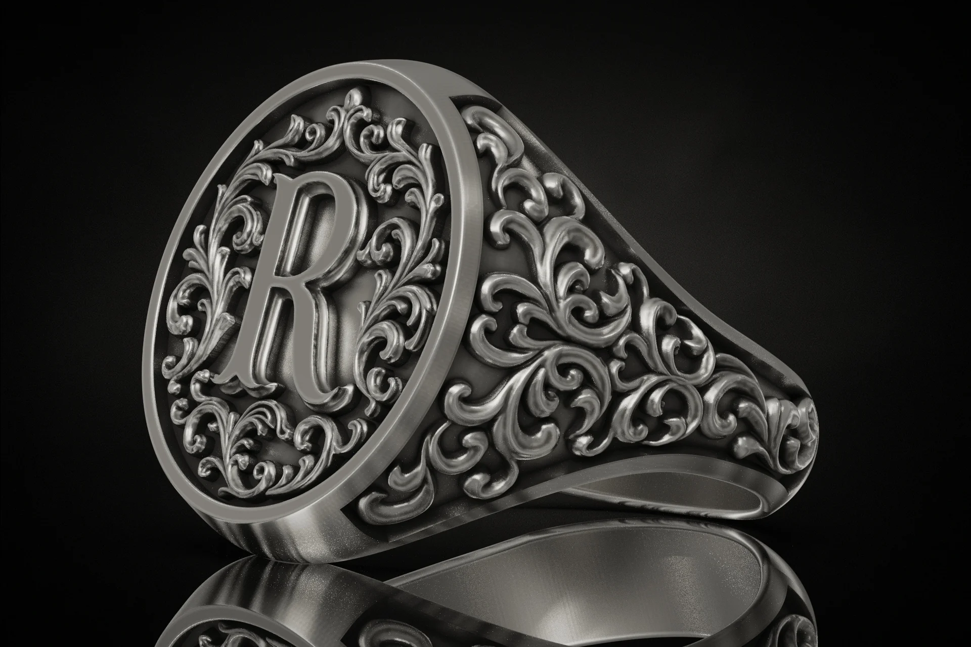 Ornate Baroque Letter R Initial Signet Ring — view 2