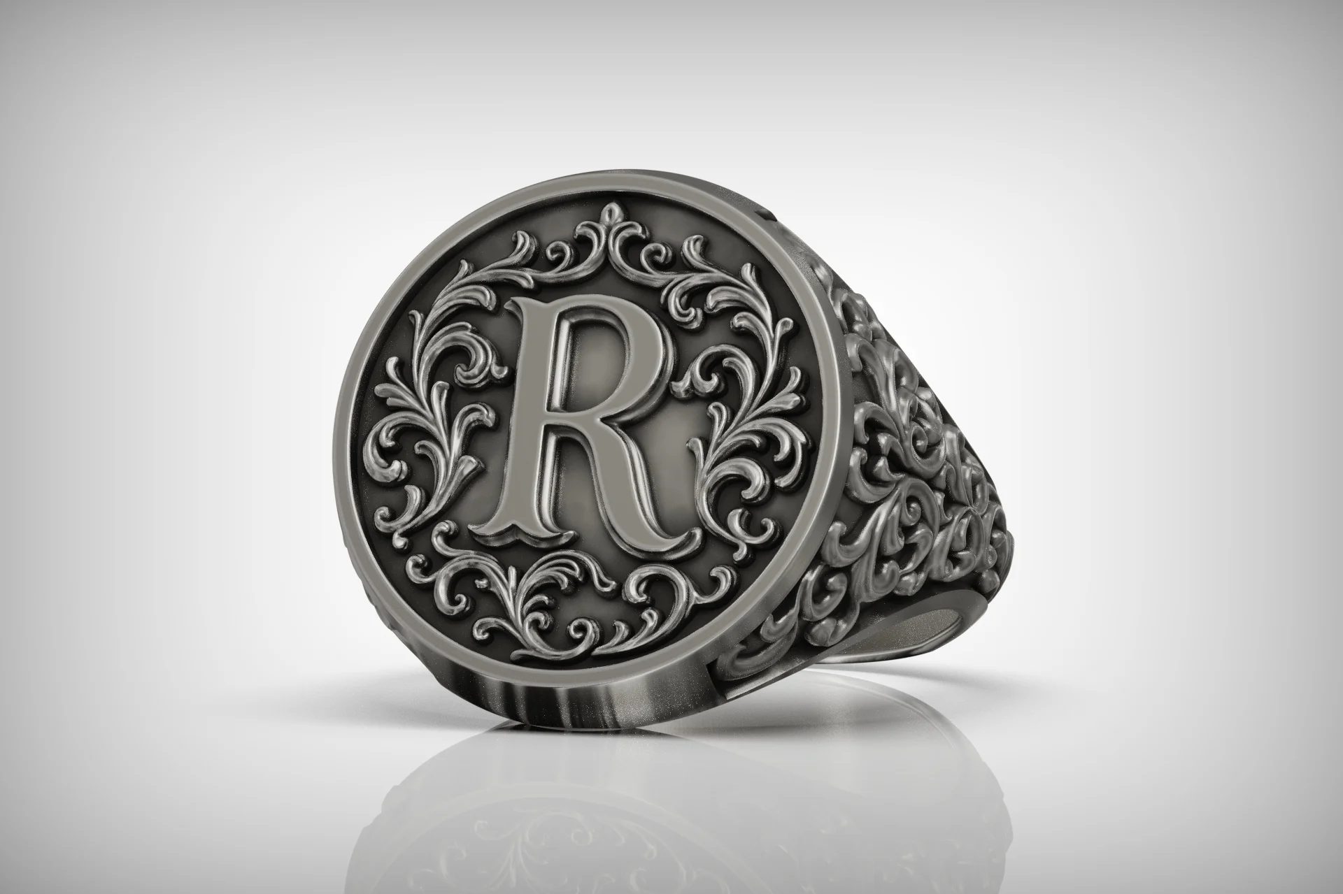 Ornate Baroque Letter R Initial Signet Ring — view 5