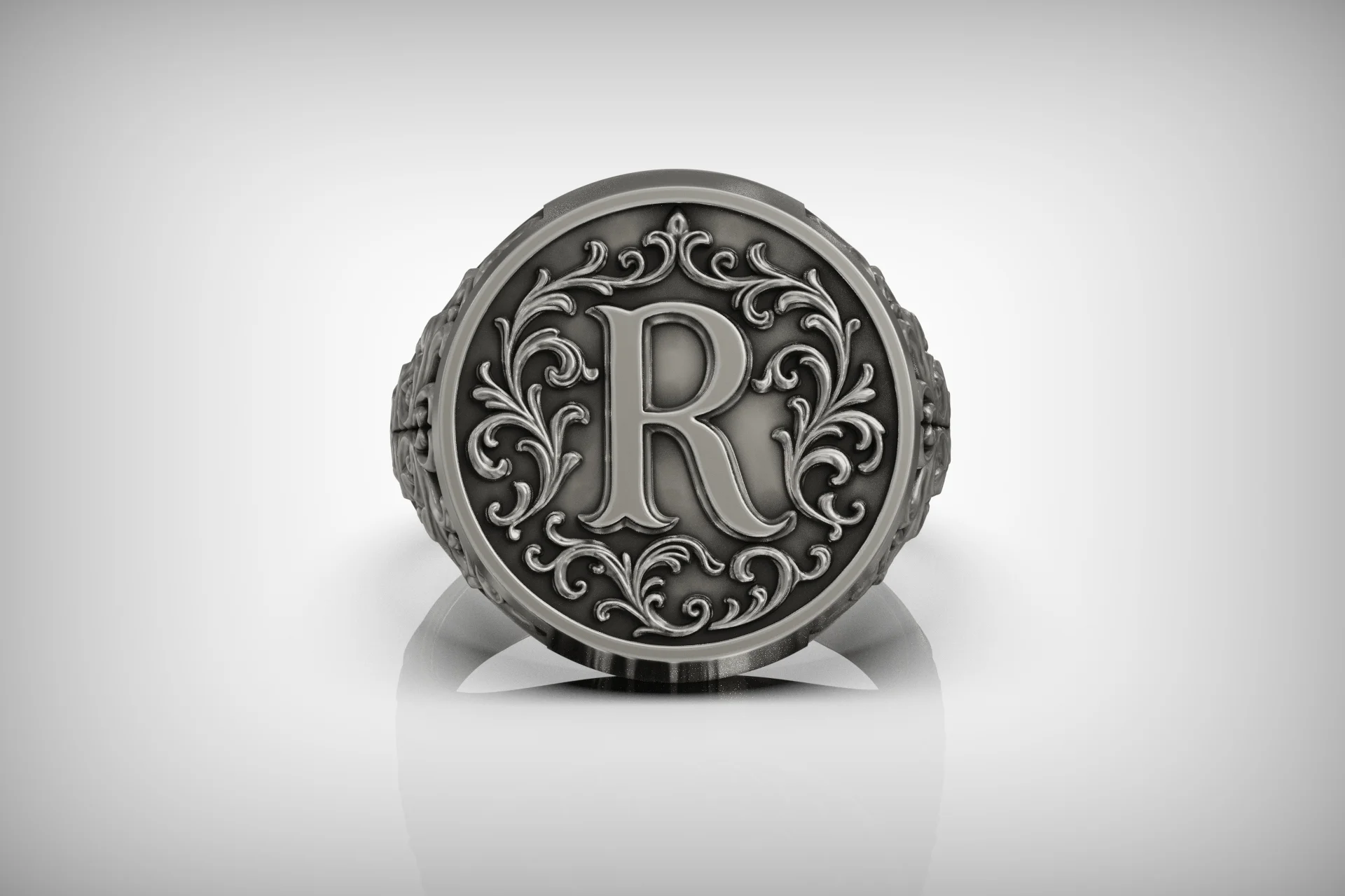 Ornate Baroque Letter R Initial Signet Ring — view 6