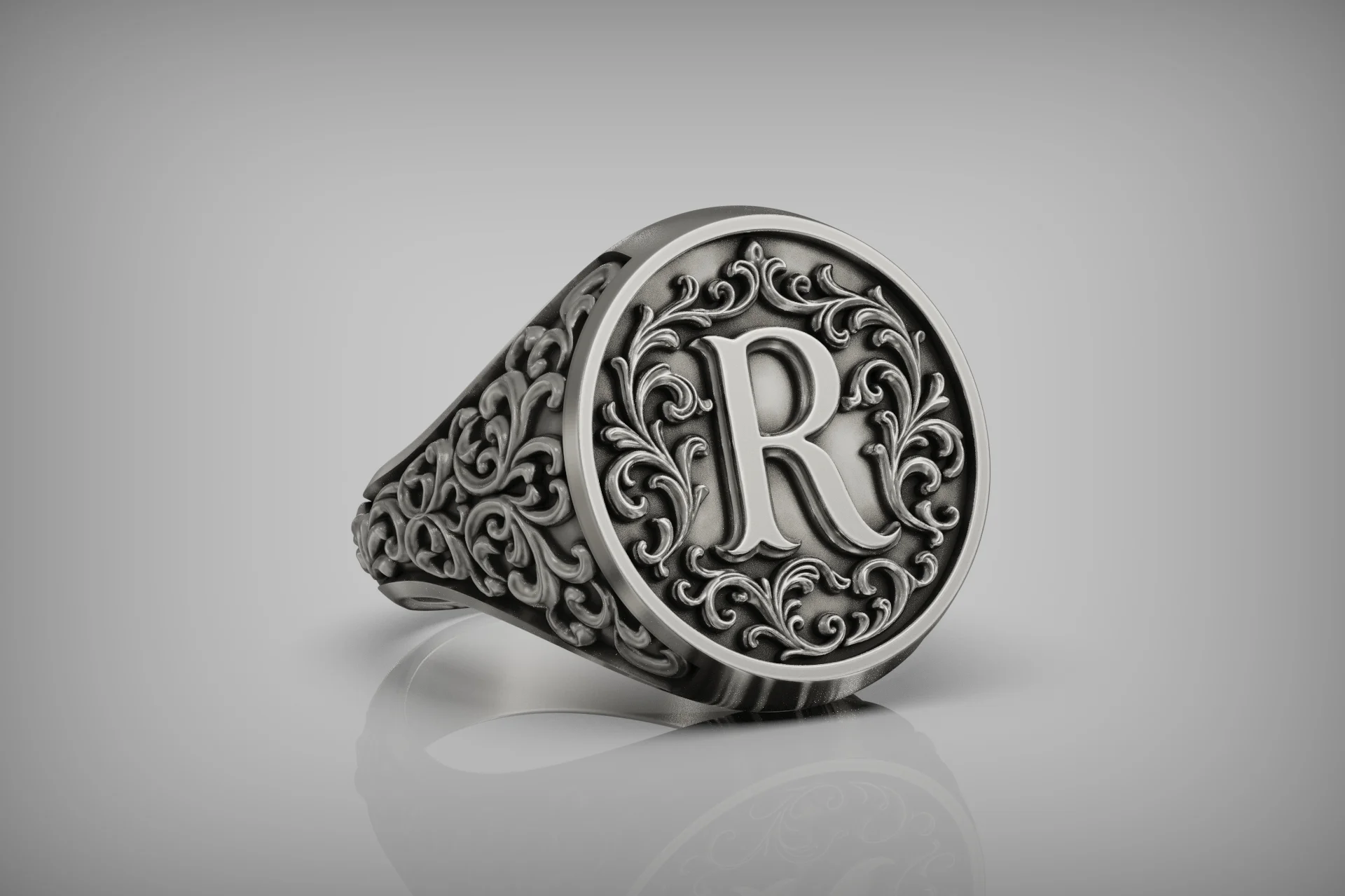 Ornate Baroque Letter R Initial Signet Ring — view 7