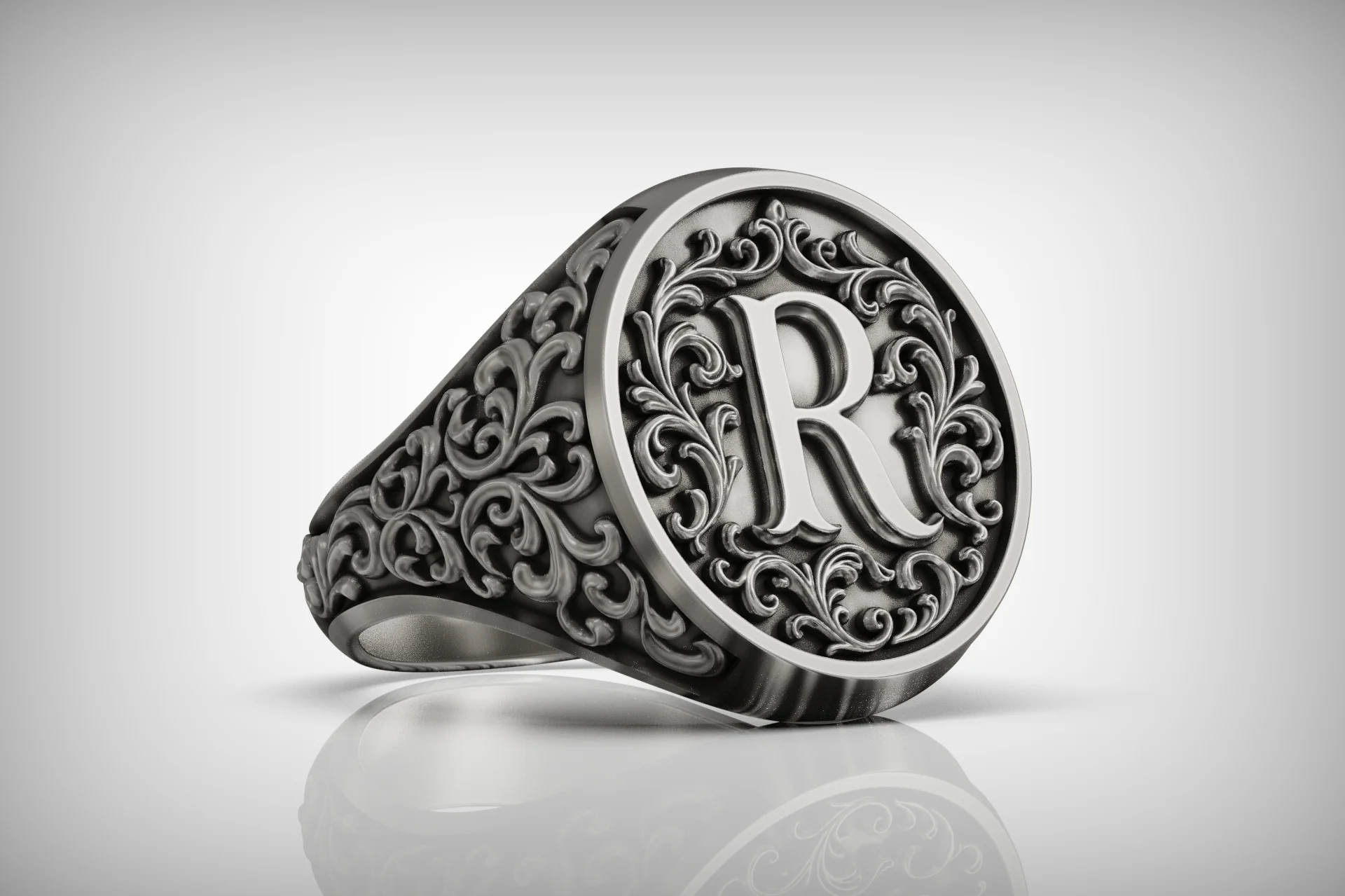 Ornate Baroque Letter R Initial Signet Ring — view 4