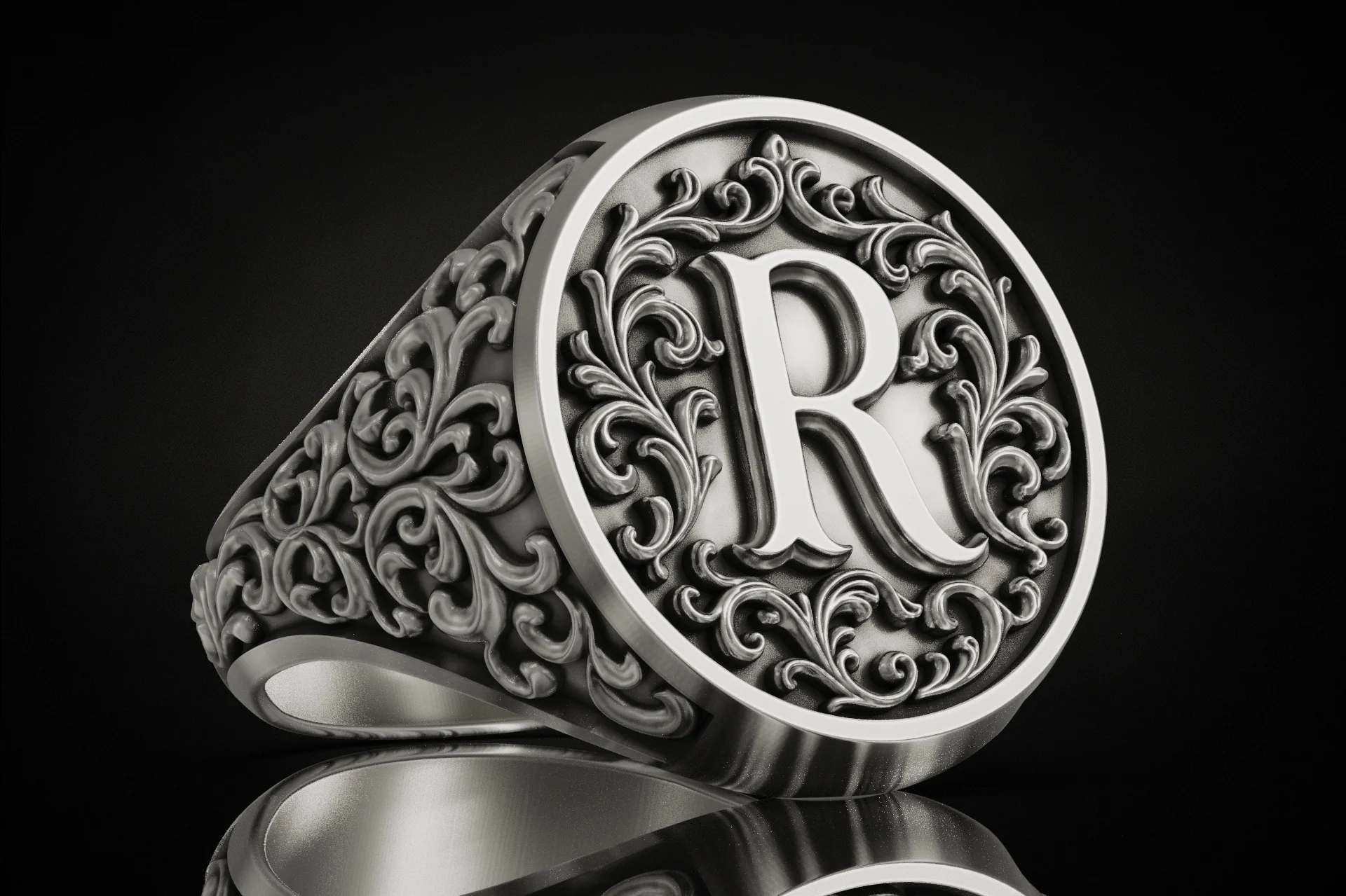 Ornate Baroque Letter R Initial Signet Ring