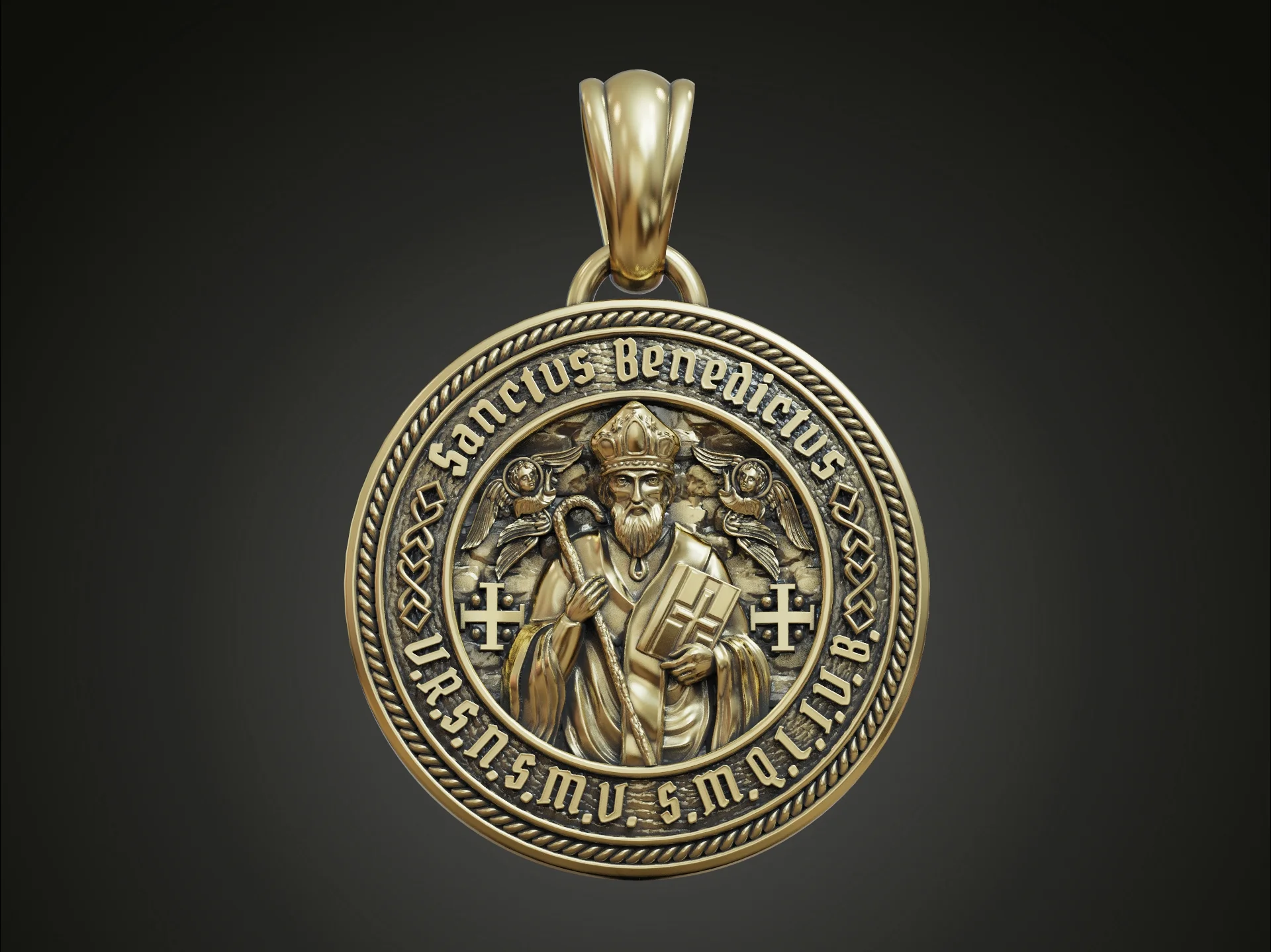 High Relief Saint Benedict Rope Border Medal Pendant — view 5