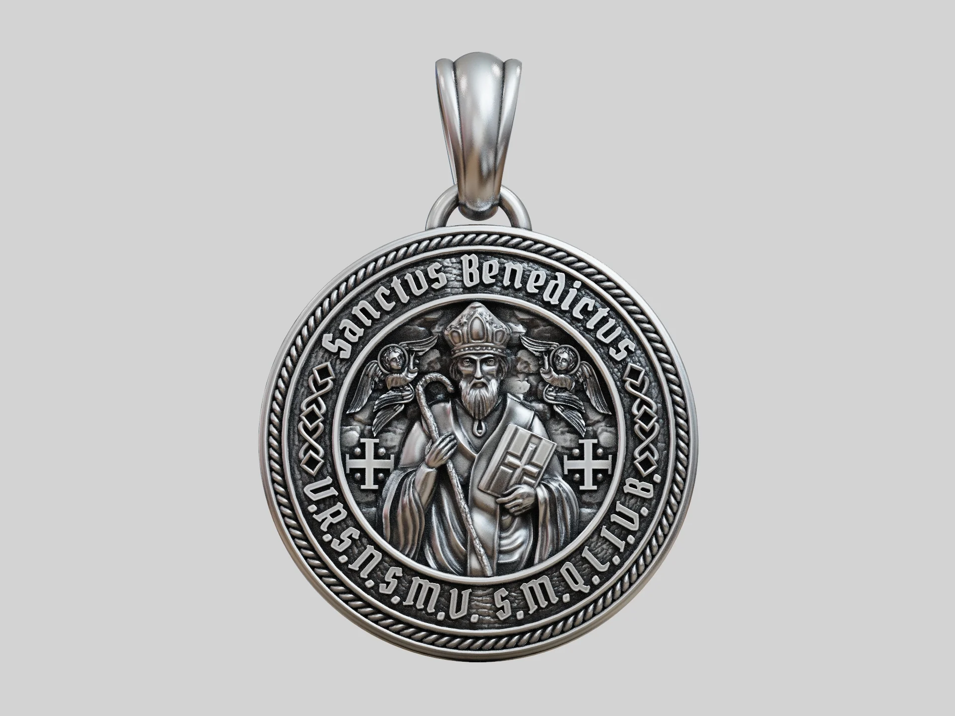 High Relief Saint Benedict Rope Border Medal Pendant — view 6