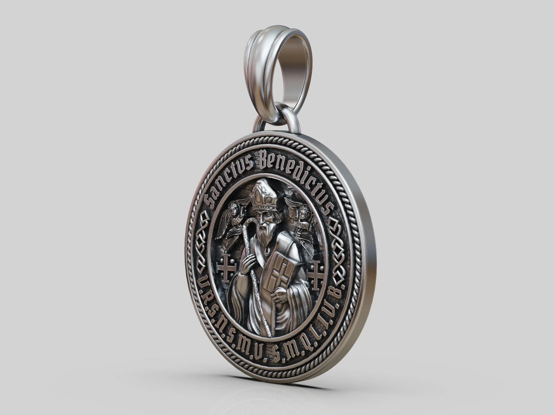High Relief Saint Benedict Rope Border Medal Pendant — view 8