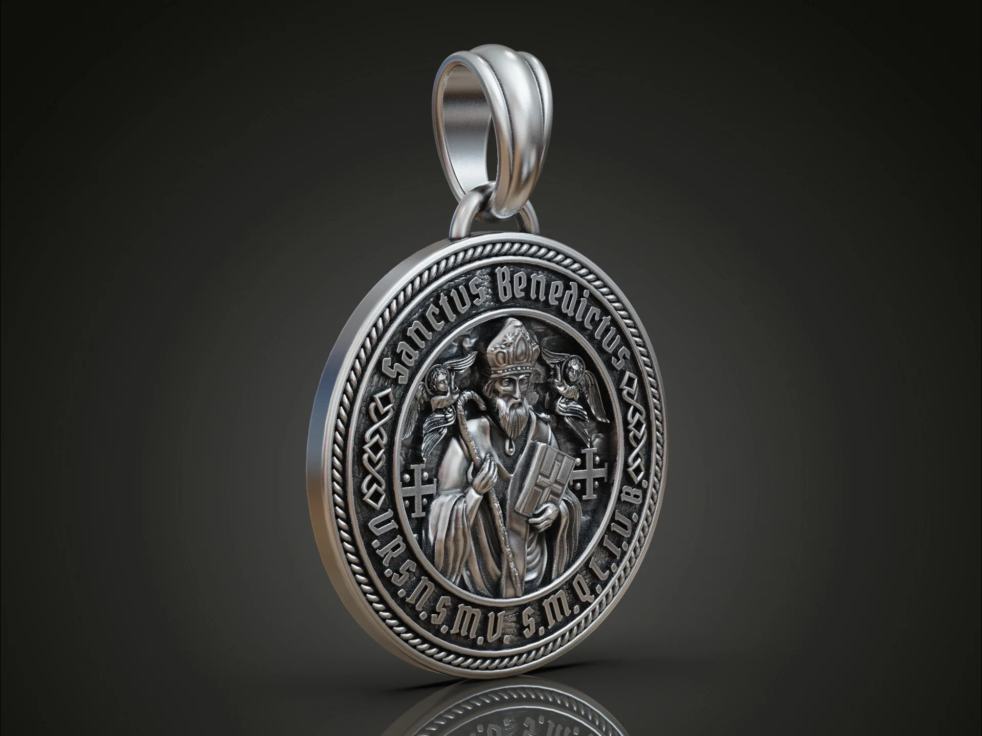 High Relief Saint Benedict Rope Border Medal Pendant — view 2