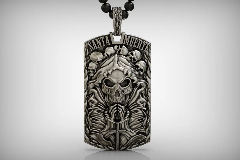 Santa Muerte Skull Relief Dog Tag Pendant