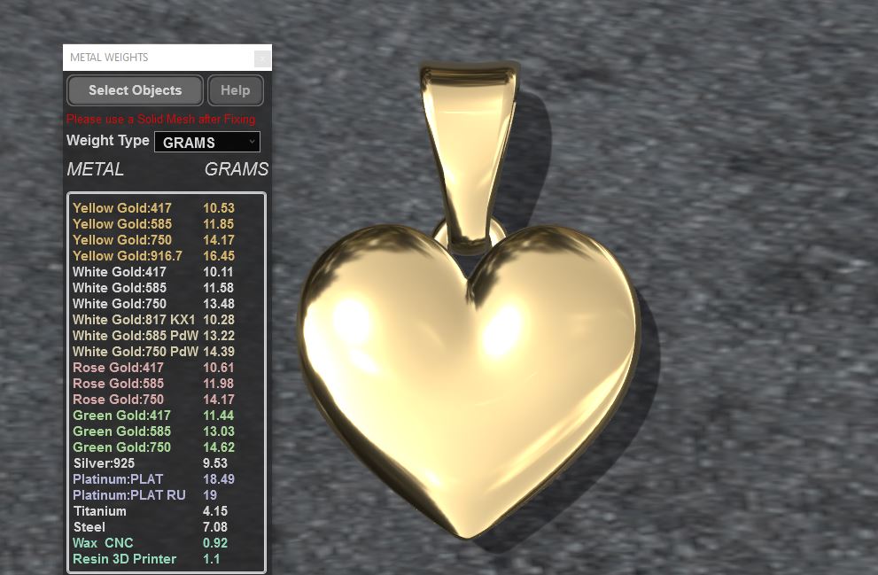 Gold Heart Pendant 3D Model for Jewelry Printing — view 4