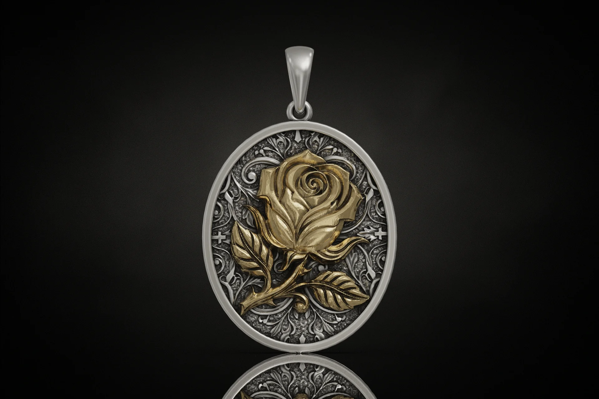 Vintage Floral Rose Oval Medallion Pendant
