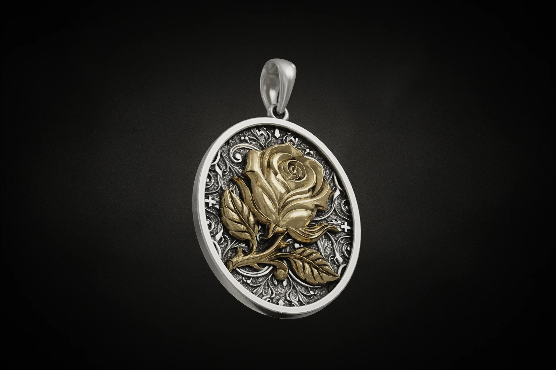 Vintage Floral Rose Oval Medallion Pendant — view 2