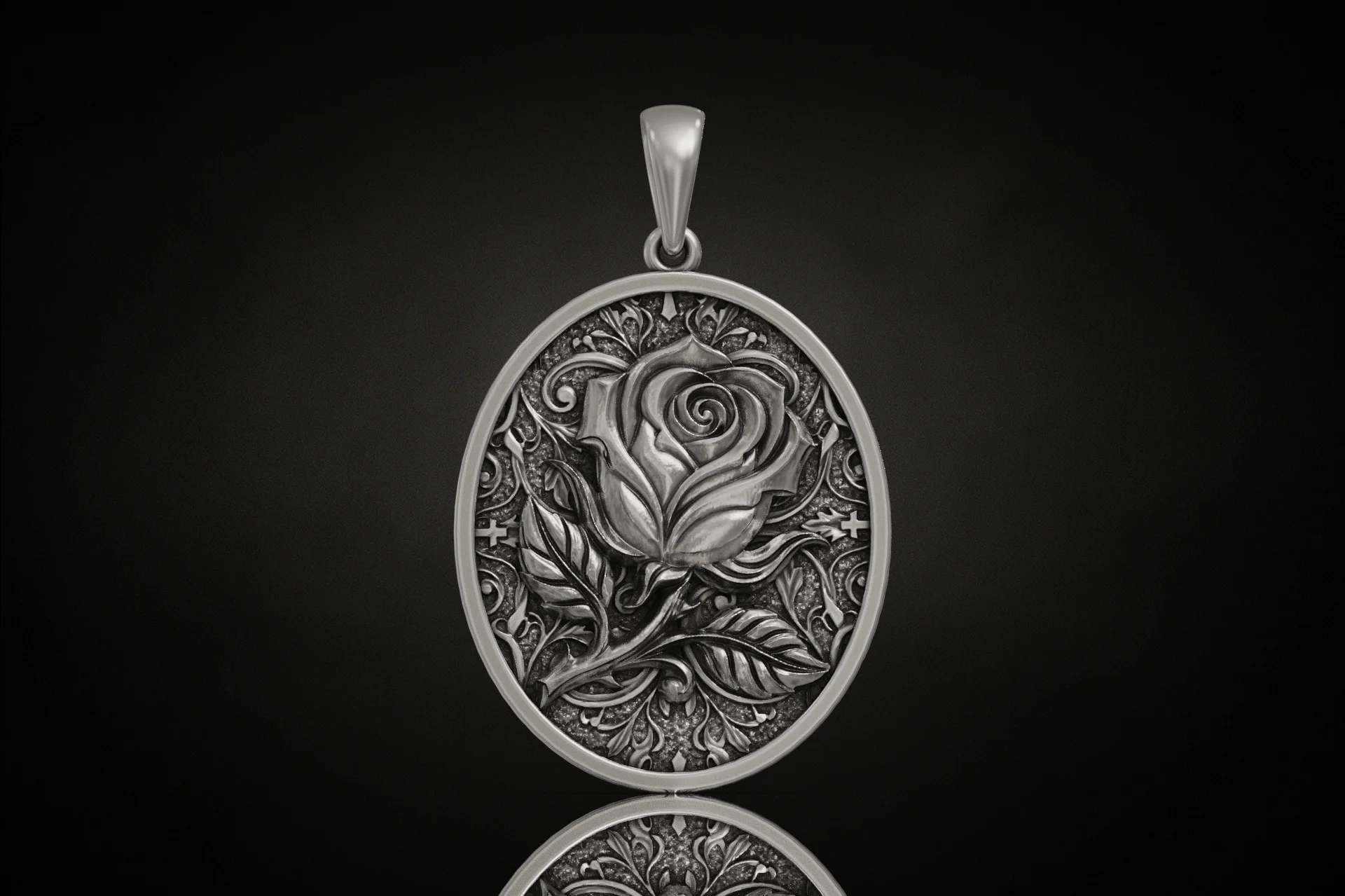 Vintage Floral Rose Oval Medallion Pendant — view 3