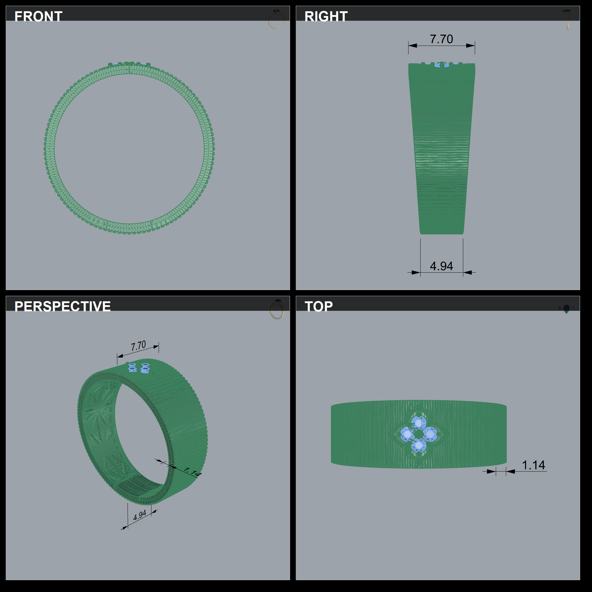 Wide Band Ribbed Ring Four-Stone Cluster — view 6