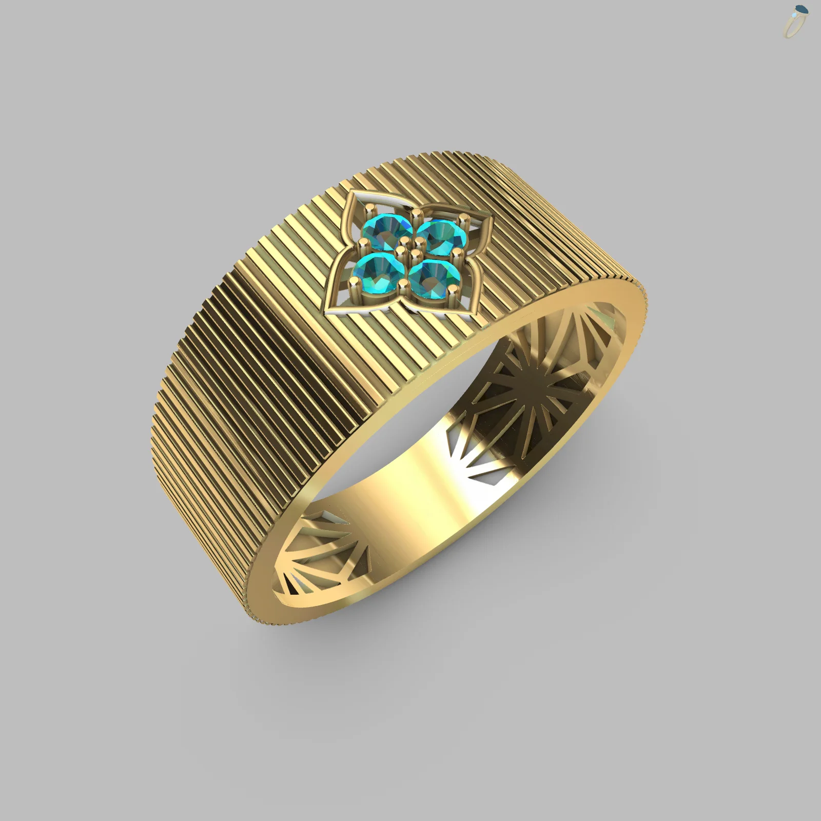Wide Band Ribbed Ring Four-Stone Cluster