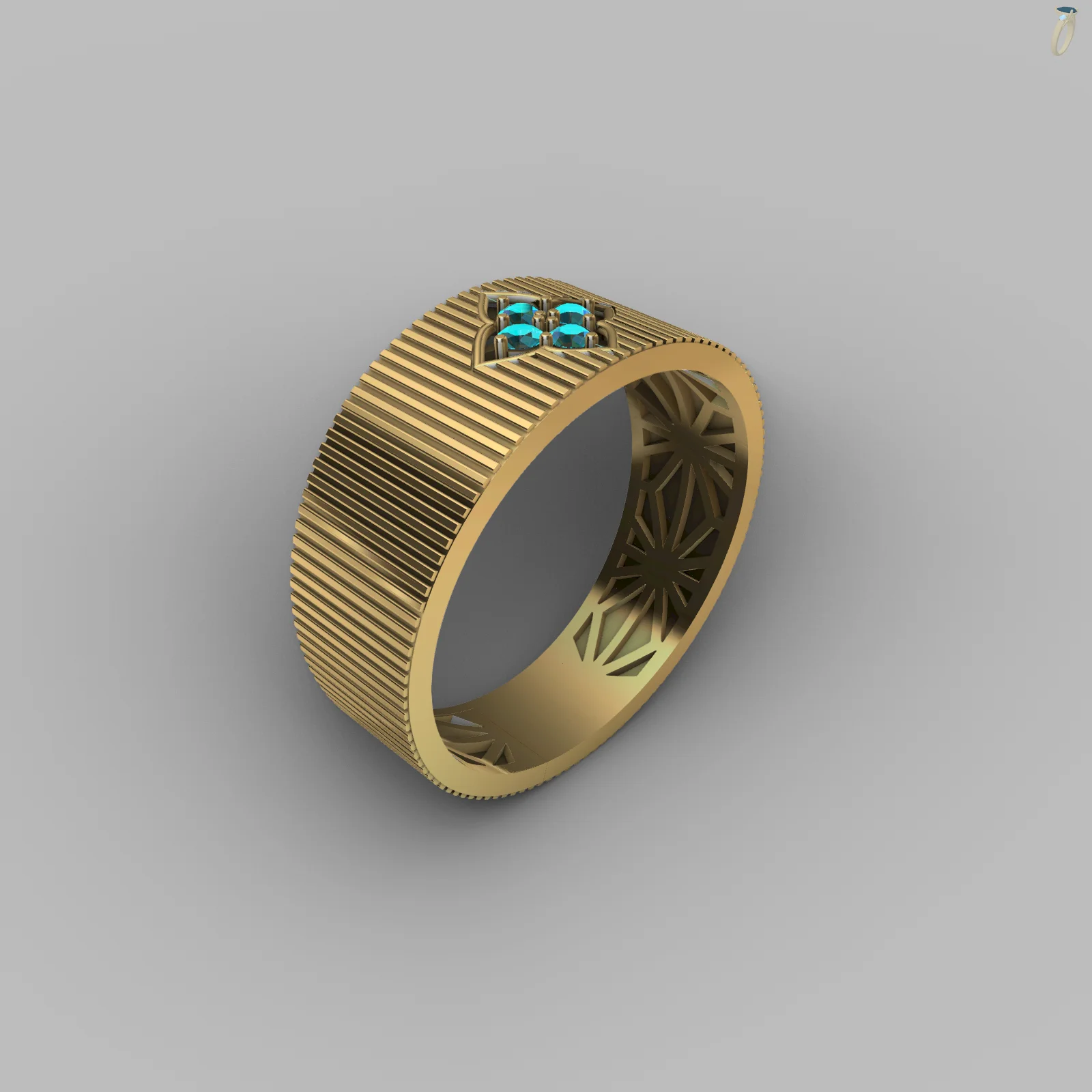 Wide Band Ribbed Ring Four-Stone Cluster — view 3