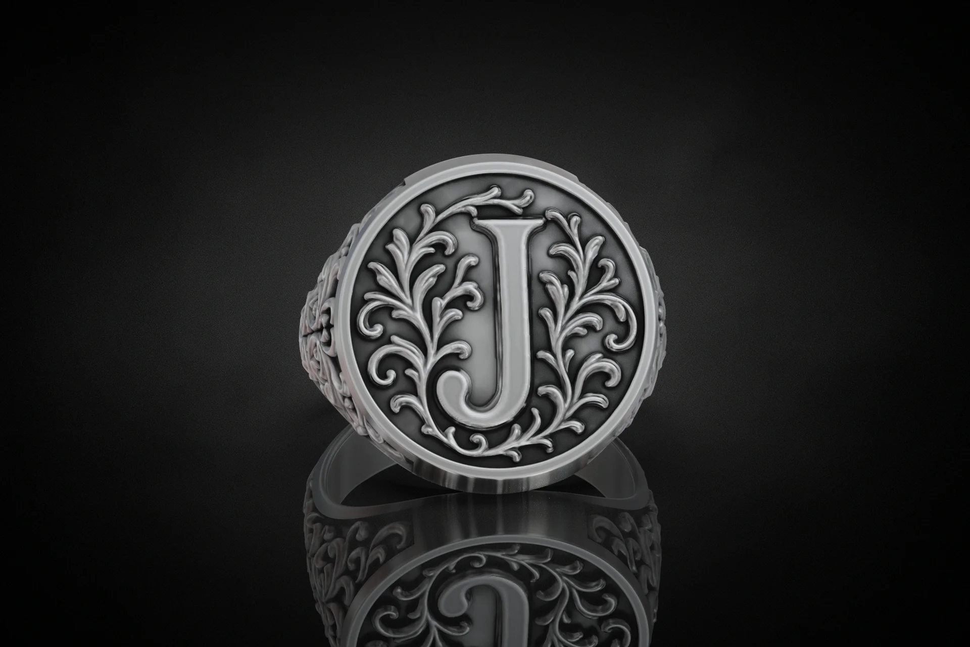 Ornate Scroll 'J' Initial Signet Ring — view 2