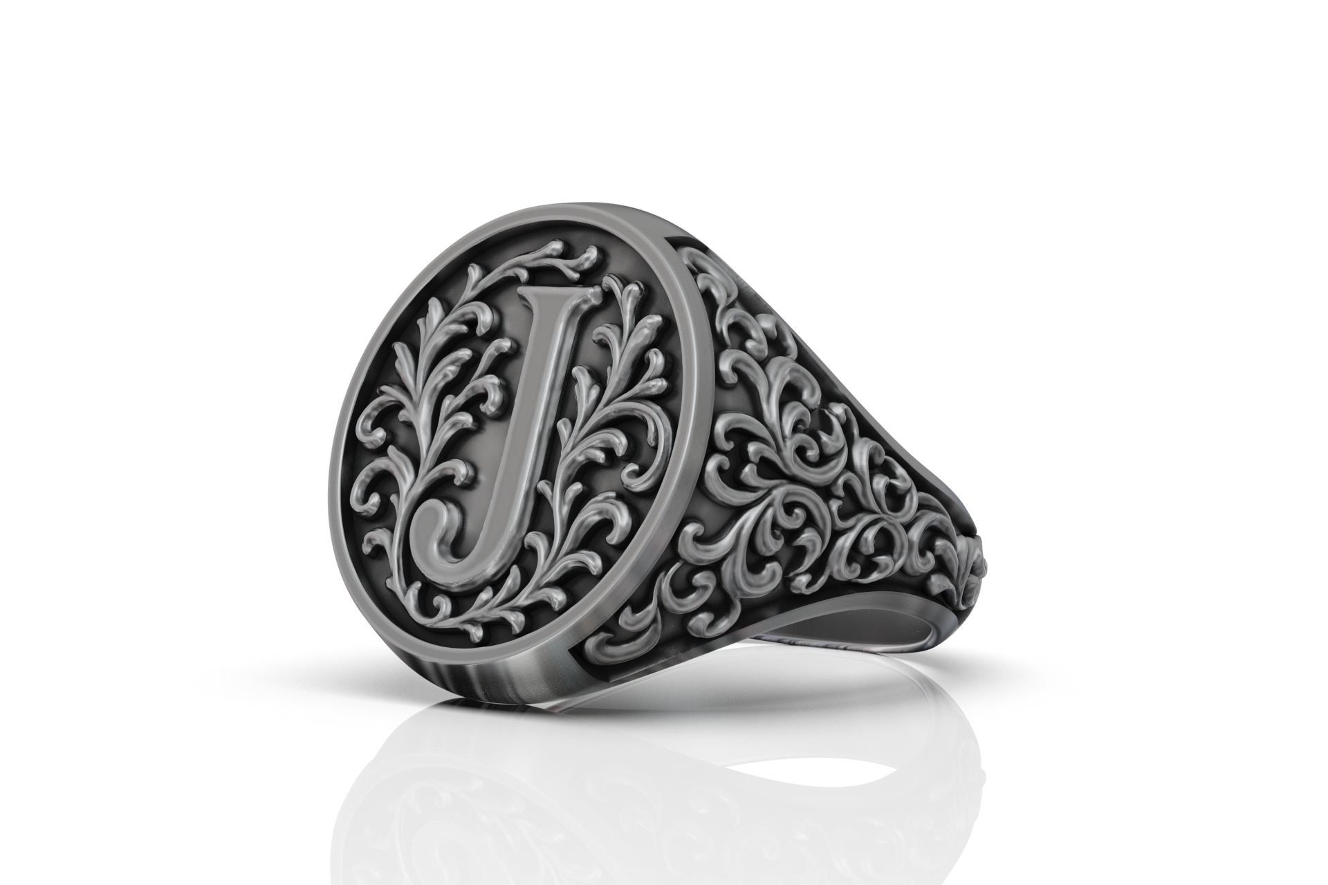Ornate Scroll 'J' Initial Signet Ring — view 5