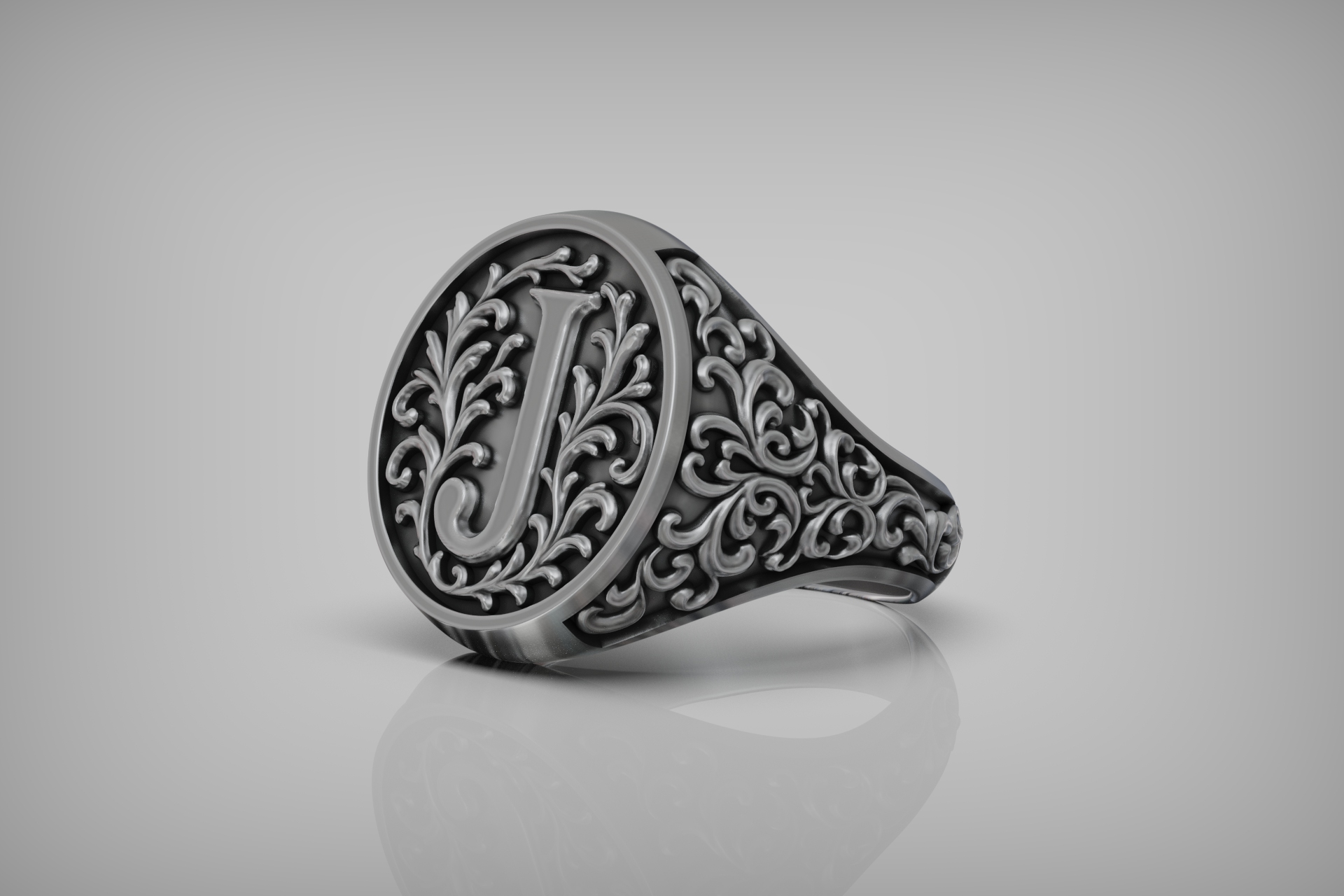 Ornate Scroll 'J' Initial Signet Ring — view 6