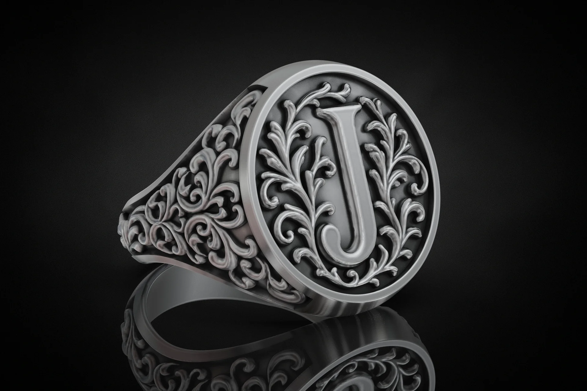 Ornate 'J' Initial Signet Ring with Scrolls 3D Print Model
