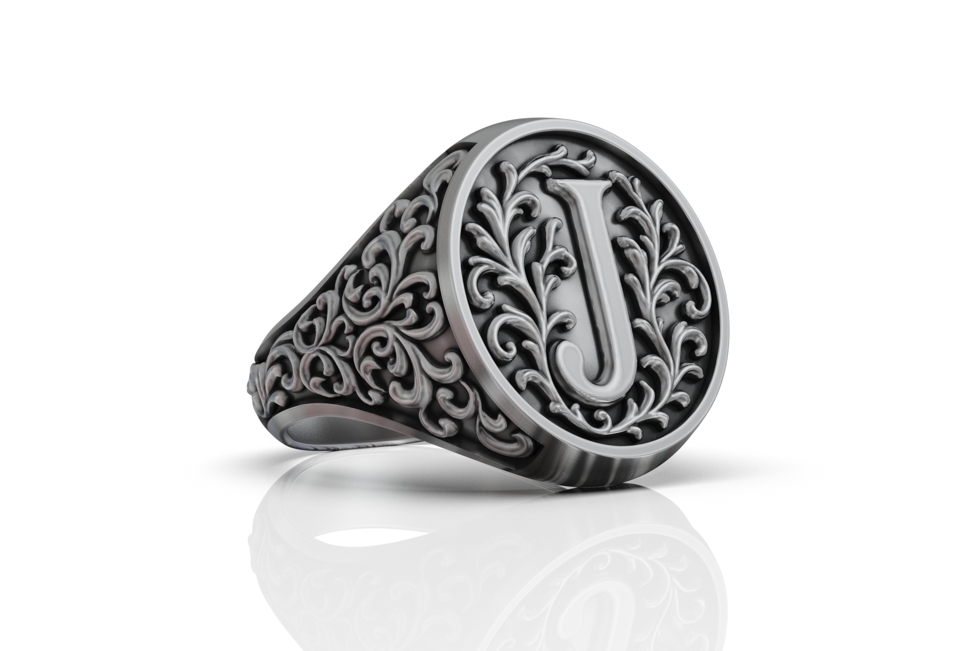 Ornate Scroll 'J' Initial Signet Ring — view 4