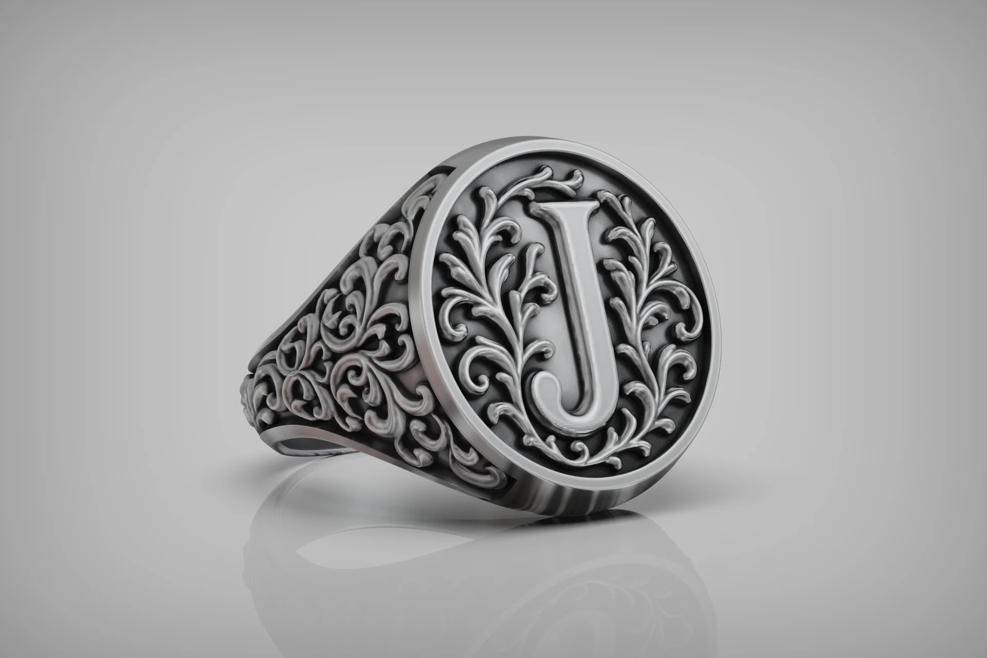 Ornate Scroll 'J' Initial Signet Ring — view 3