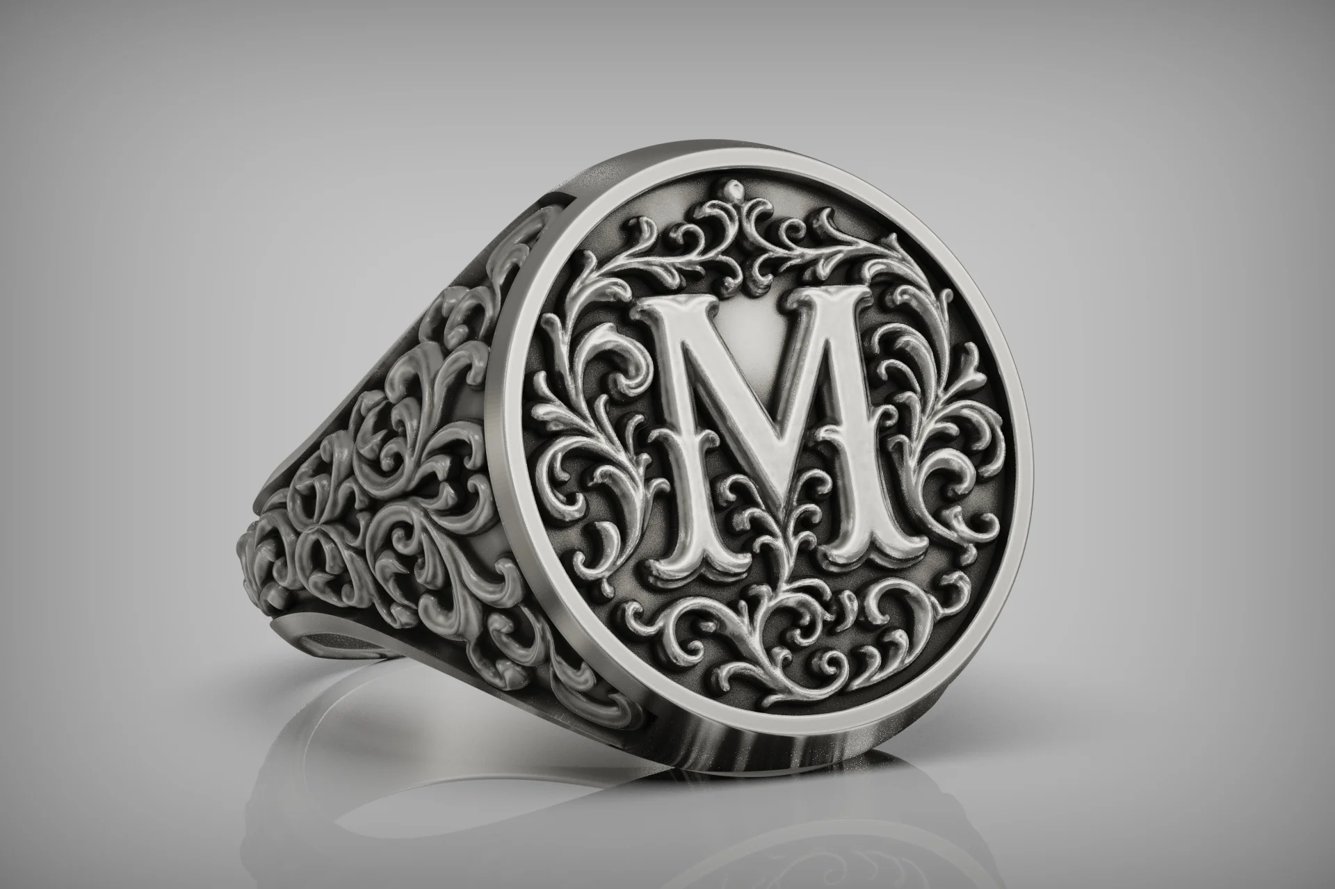 Ornate Filigree M Initial Monogram Signet Ring — view 5