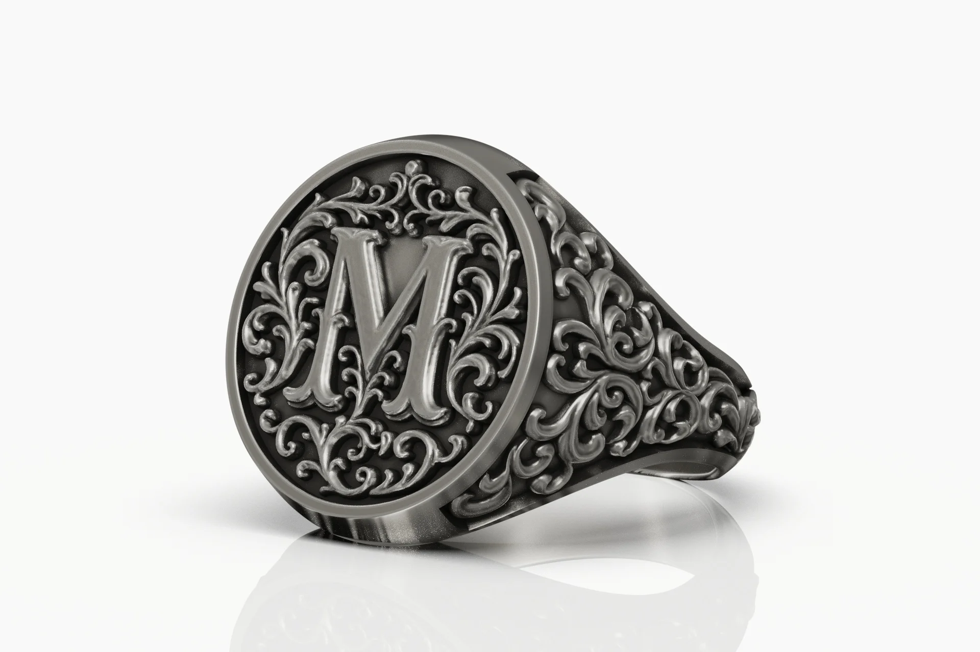 Ornate Filigree M Initial Monogram Signet Ring — view 4