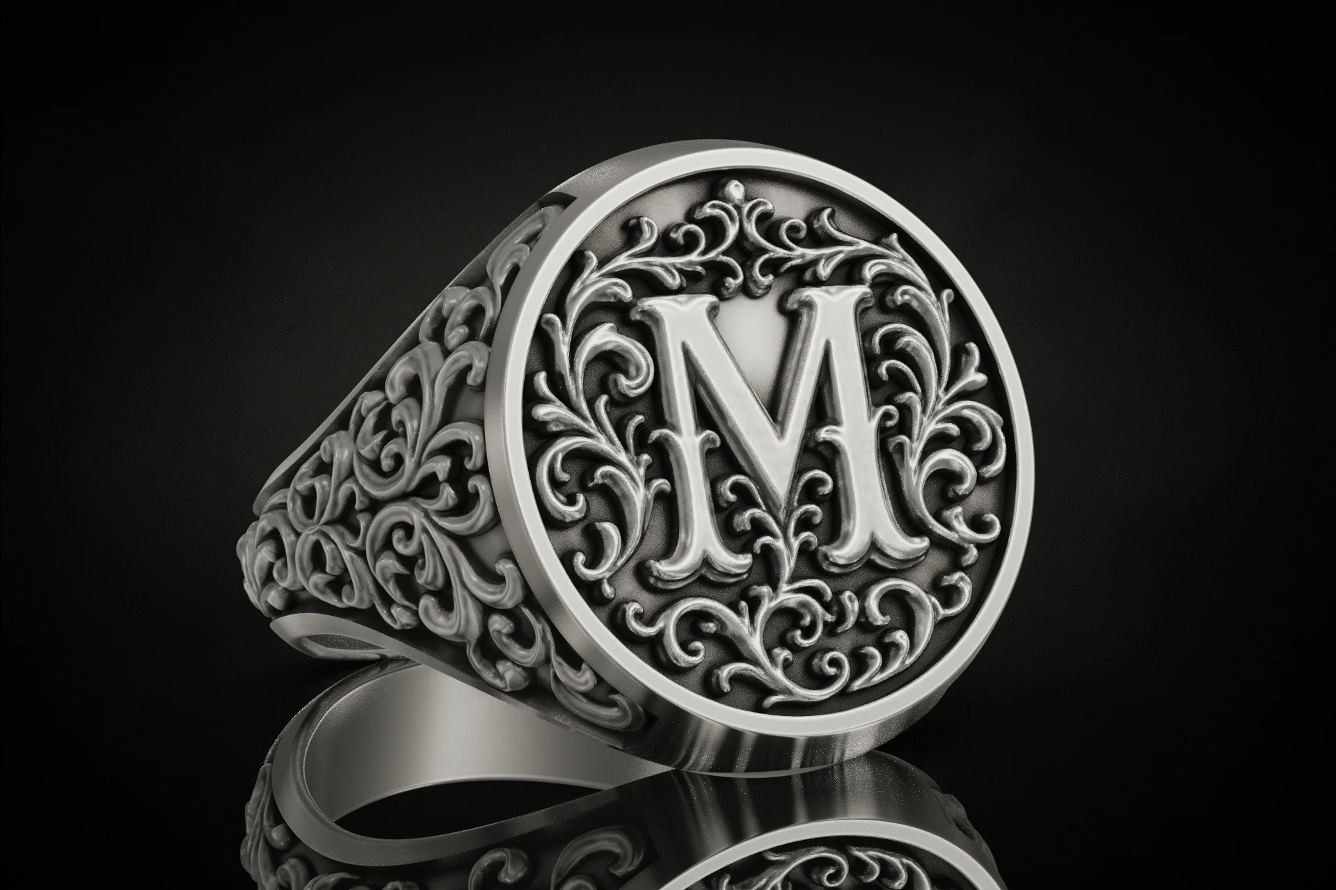 Ornate Filigree M Initial Monogram Signet Ring