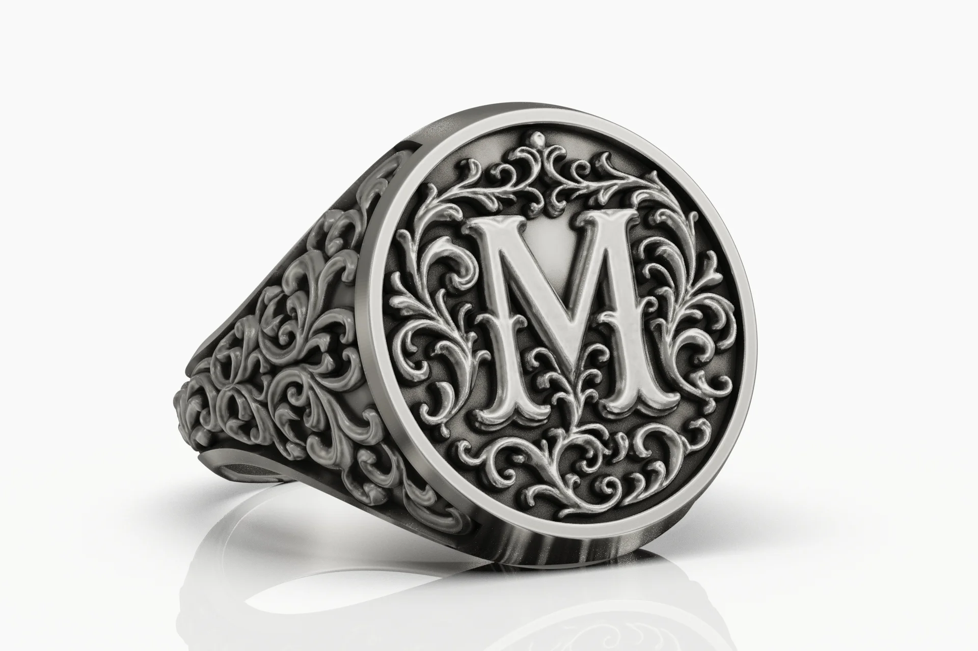 Ornate Filigree M Initial Monogram Signet Ring — view 3