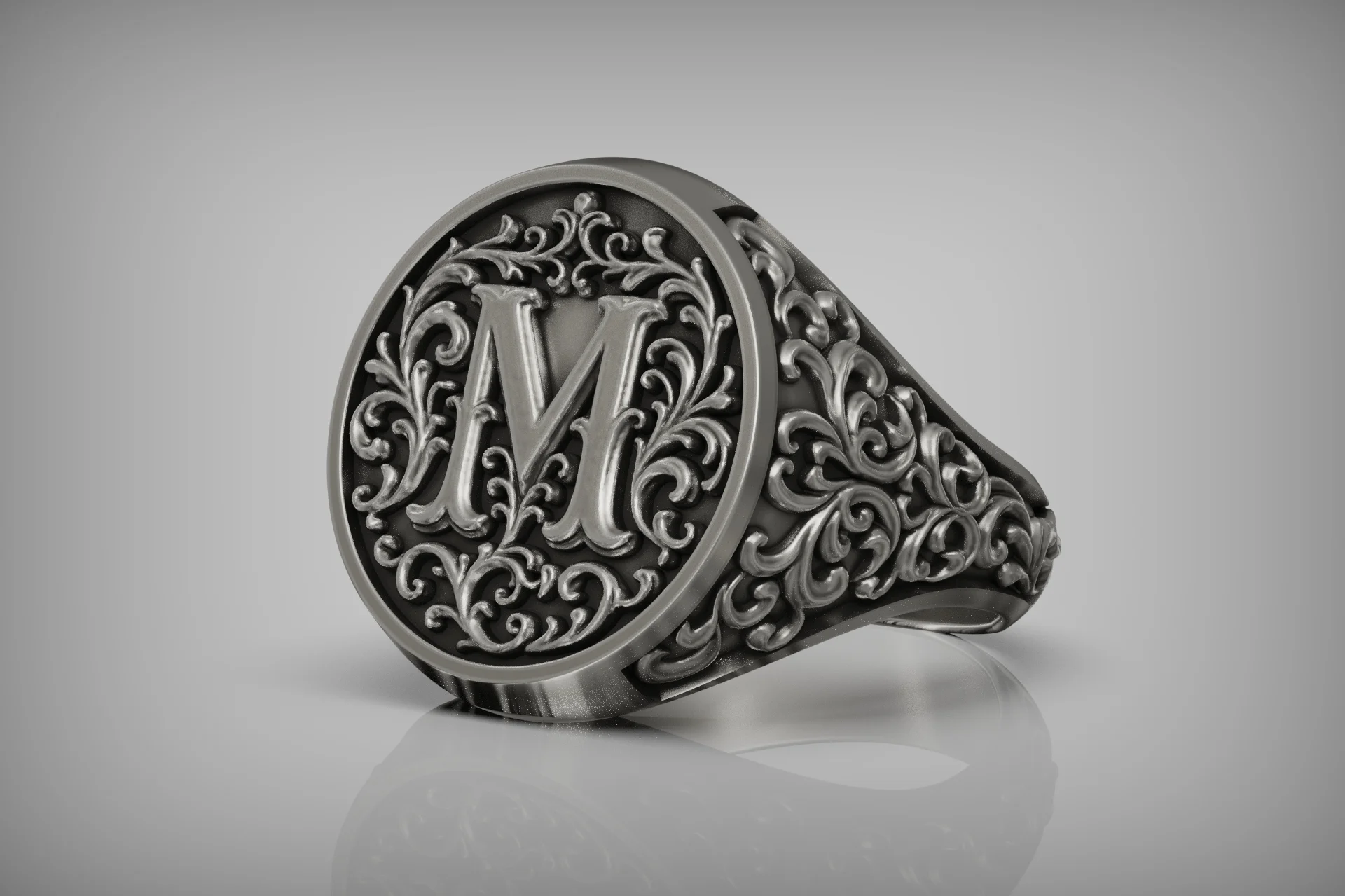 Ornate Filigree M Initial Monogram Signet Ring — view 6