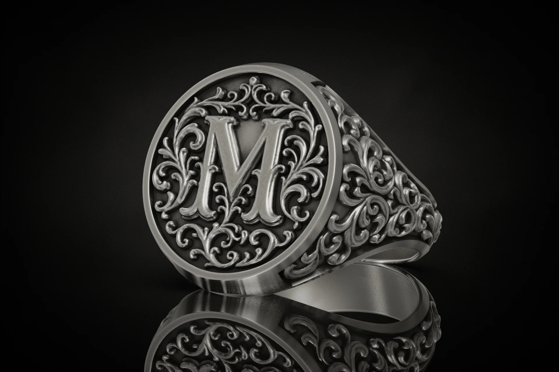 Ornate Filigree M Initial Monogram Signet Ring — view 2