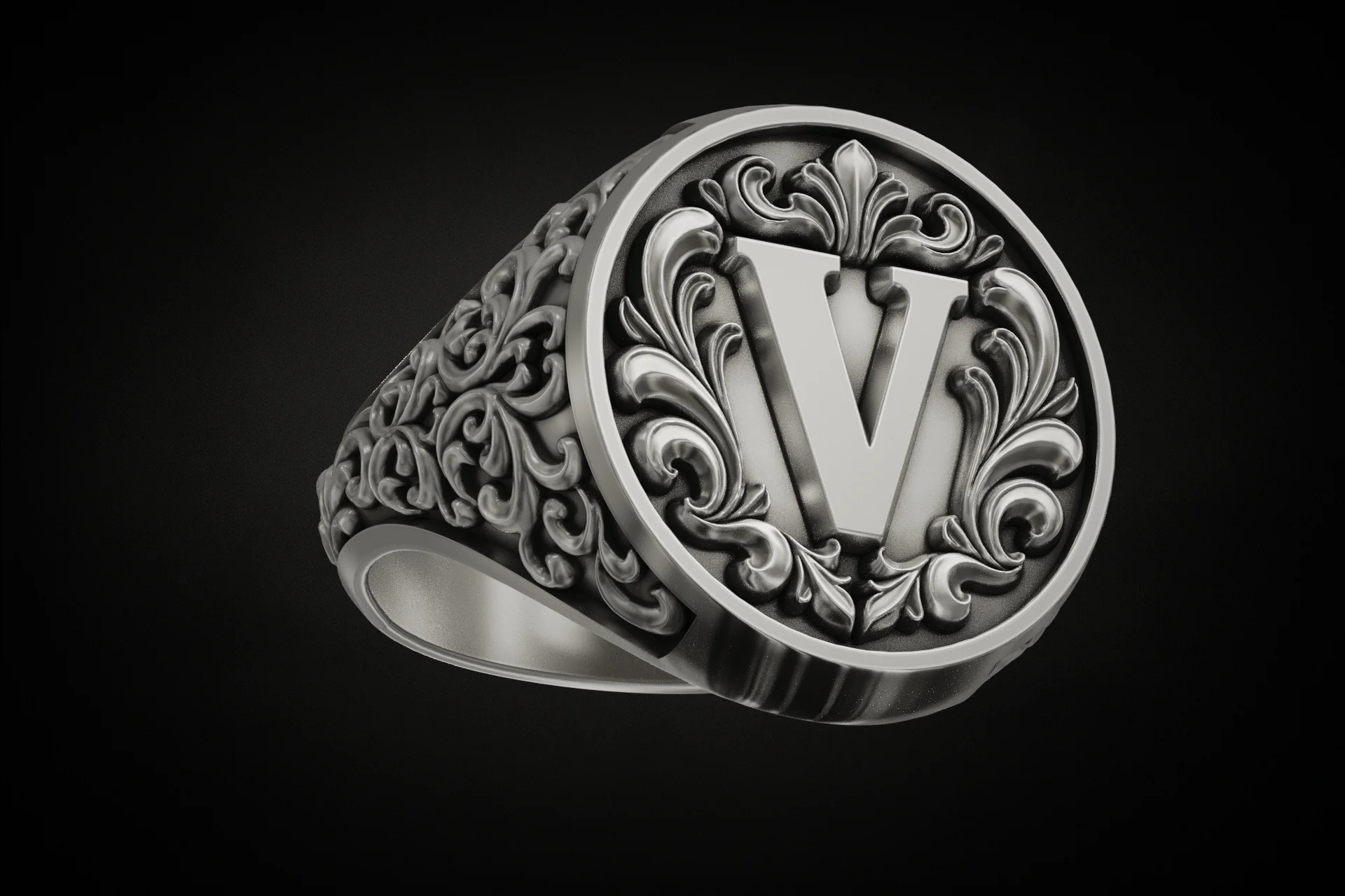 Ornate Letter V Initial Signet Ring With Scrollwork