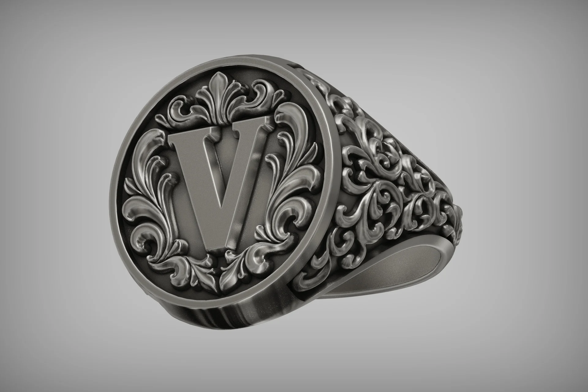 Ornate Letter V Initial Signet Ring With Scrollwork — view 4