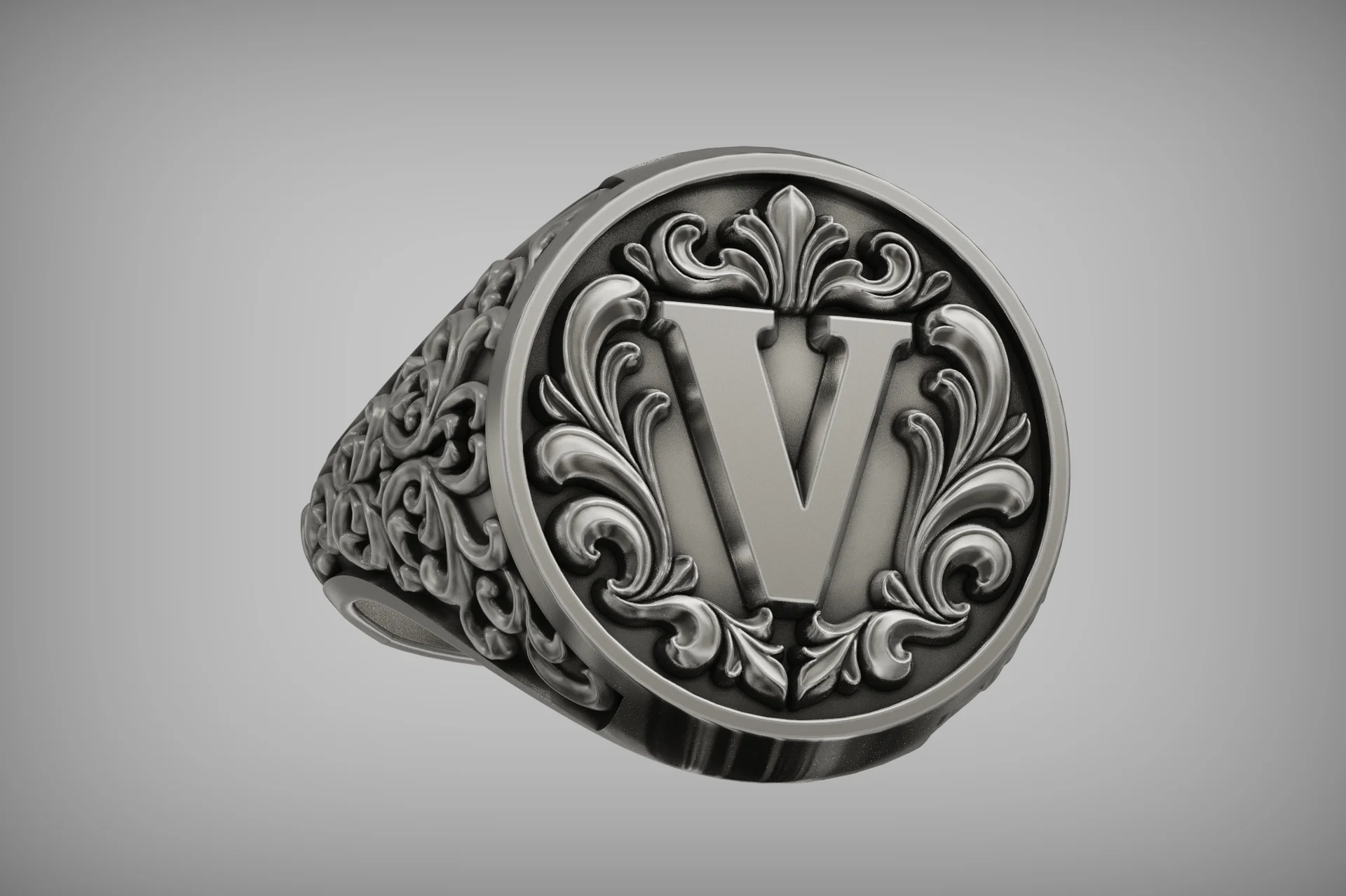 Ornate Letter V Initial Signet Ring With Scrollwork — view 2