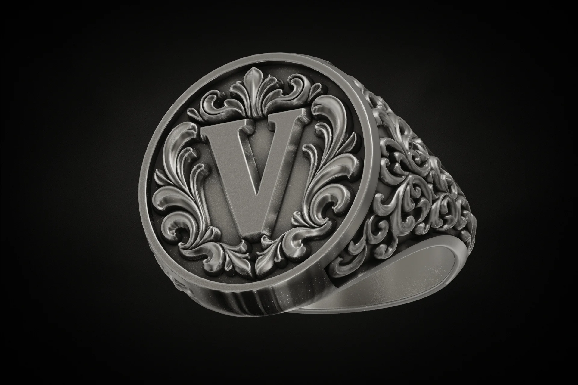 Ornate Letter V Initial Signet Ring With Scrollwork — view 3