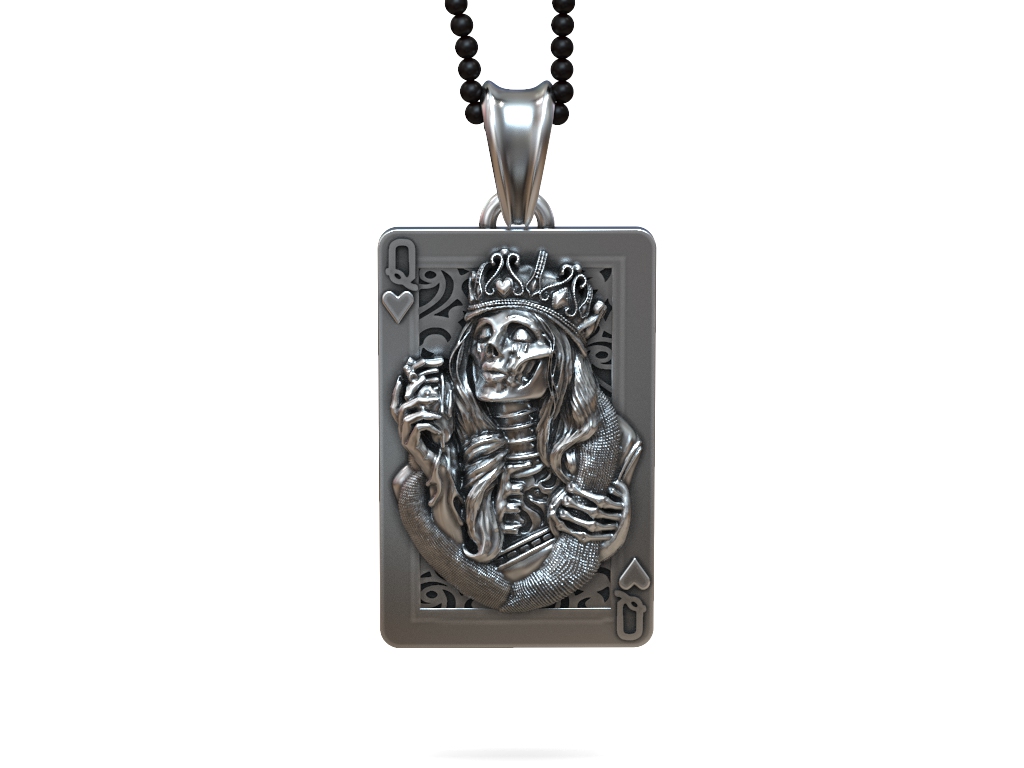 Skeleton Queen of Spades Playing Card Pendant
