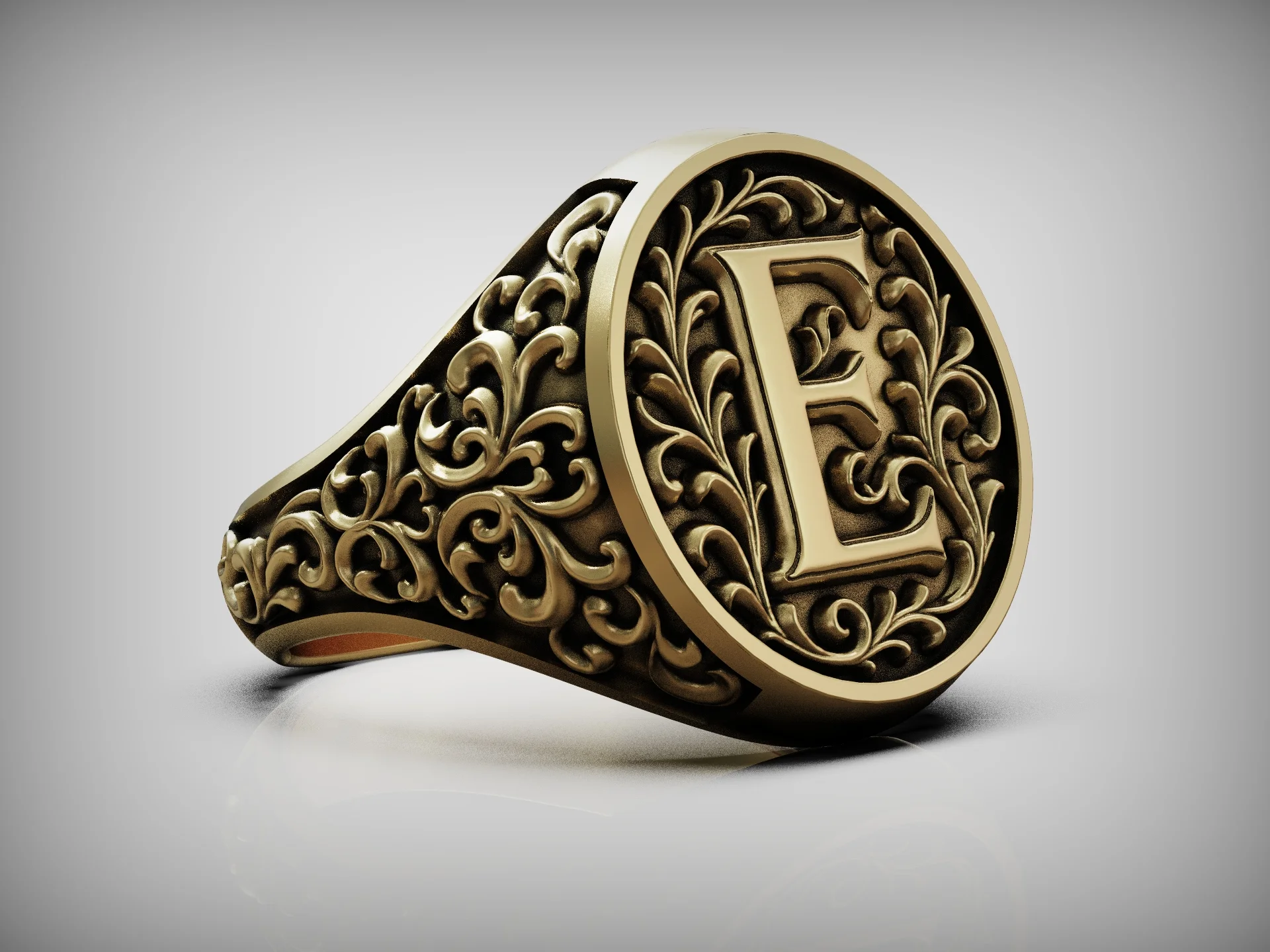 Victorian Scroll Letter E Signet Ring — view 6