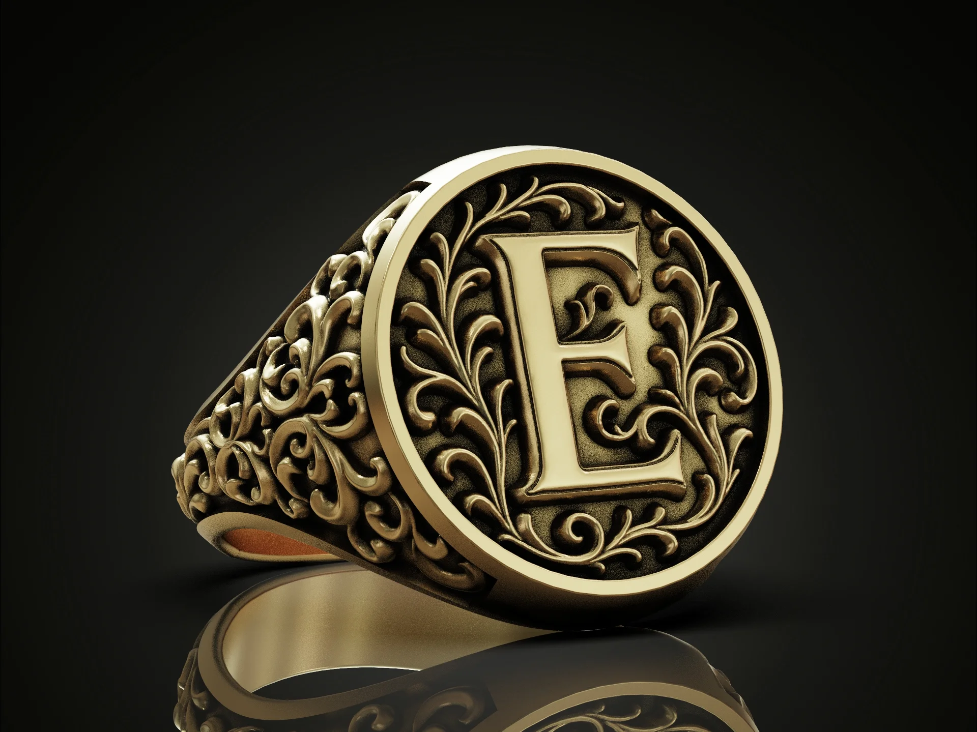 Victorian Scroll Letter E Signet Ring — view 2