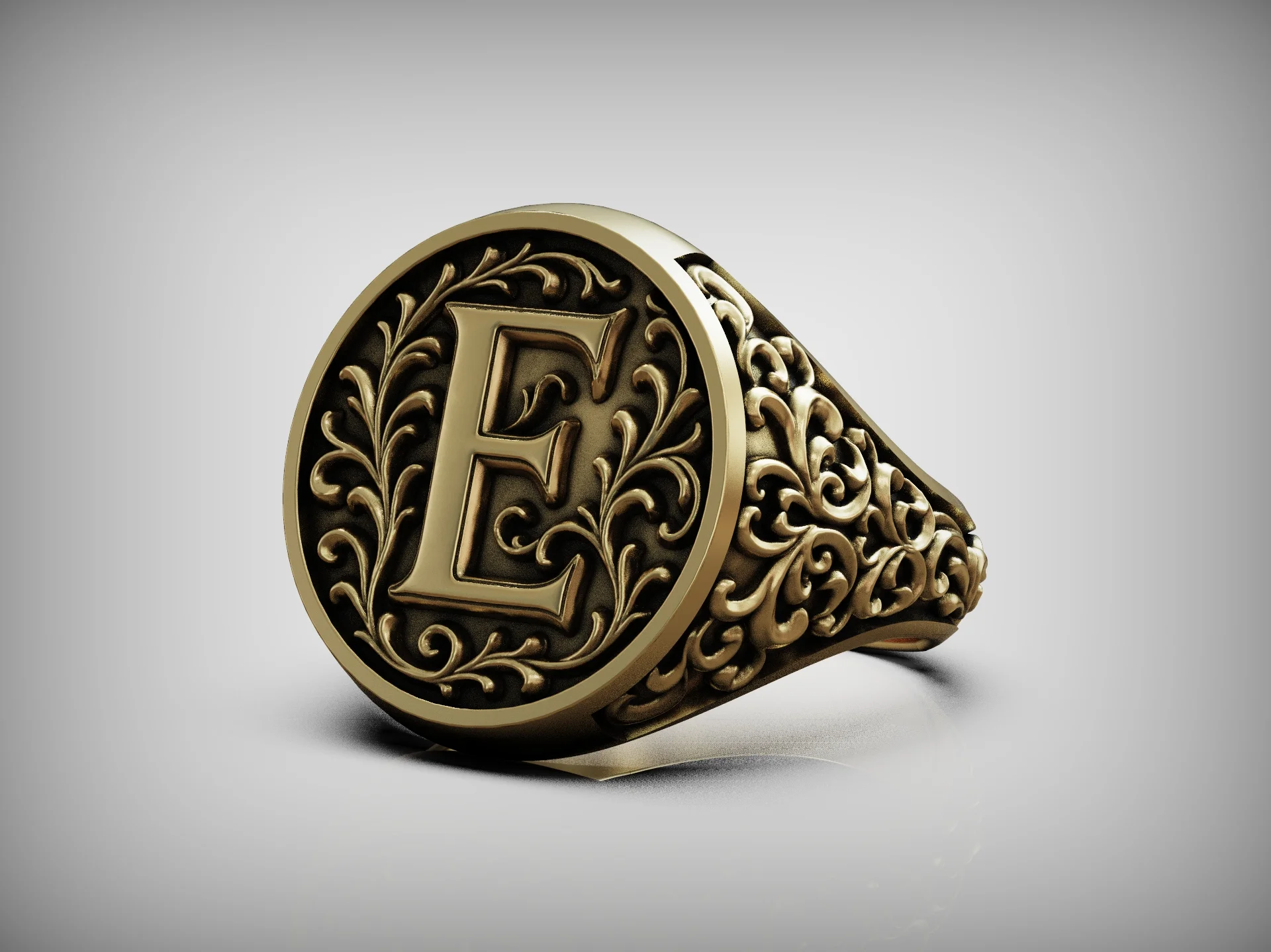 Victorian Scroll Letter E Signet Ring — view 7