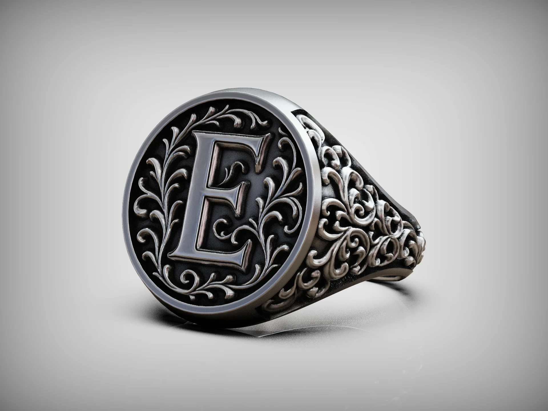 Victorian Scroll Letter E Signet Ring — view 8