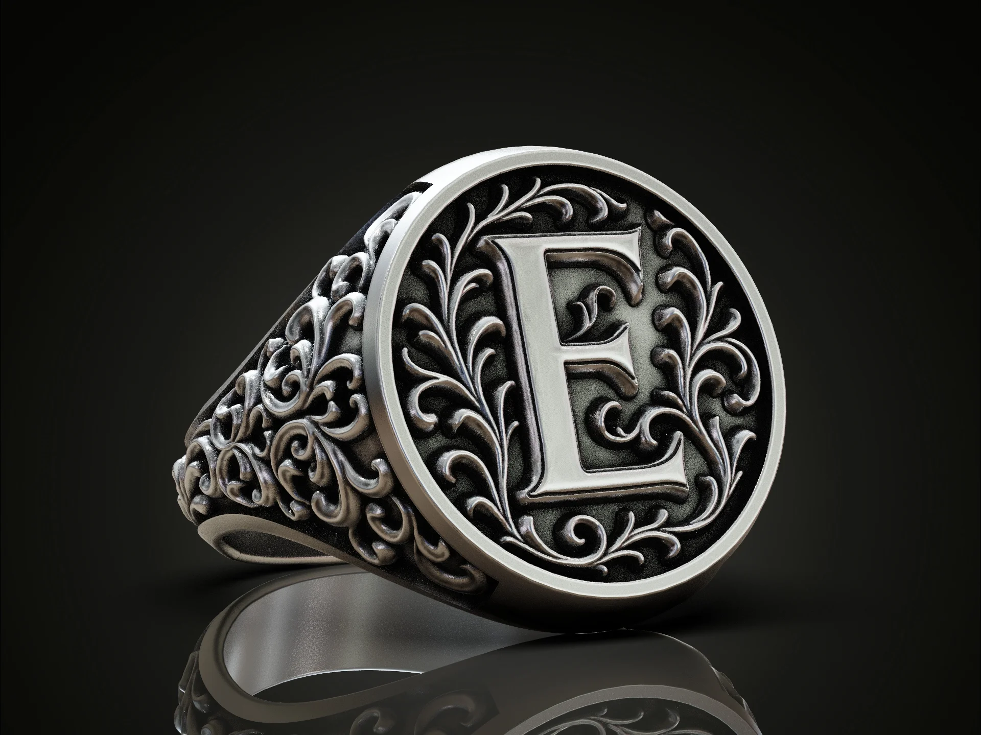 Victorian Scroll Letter E Signet Ring